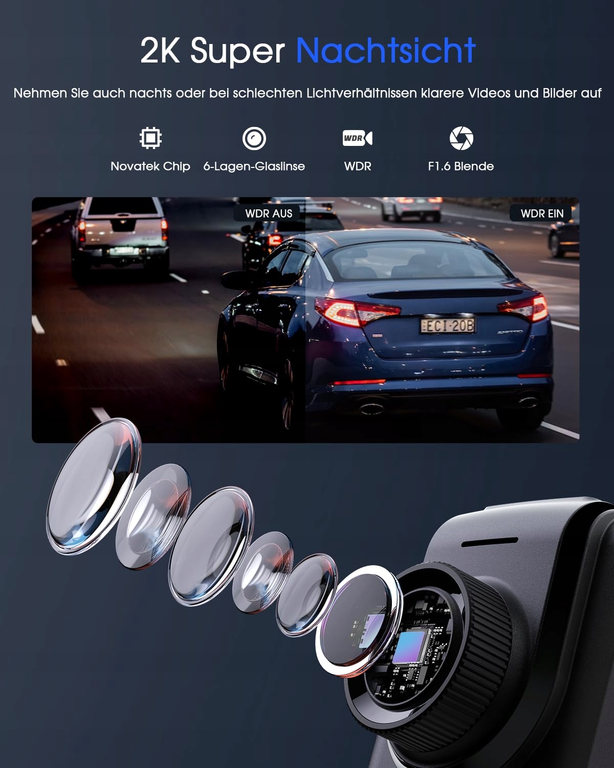 VORNE Kamera Samochodowa WiFi 2K GPS Aplikacja IPS Nocny Tryb 150° WDR — miniatura 5