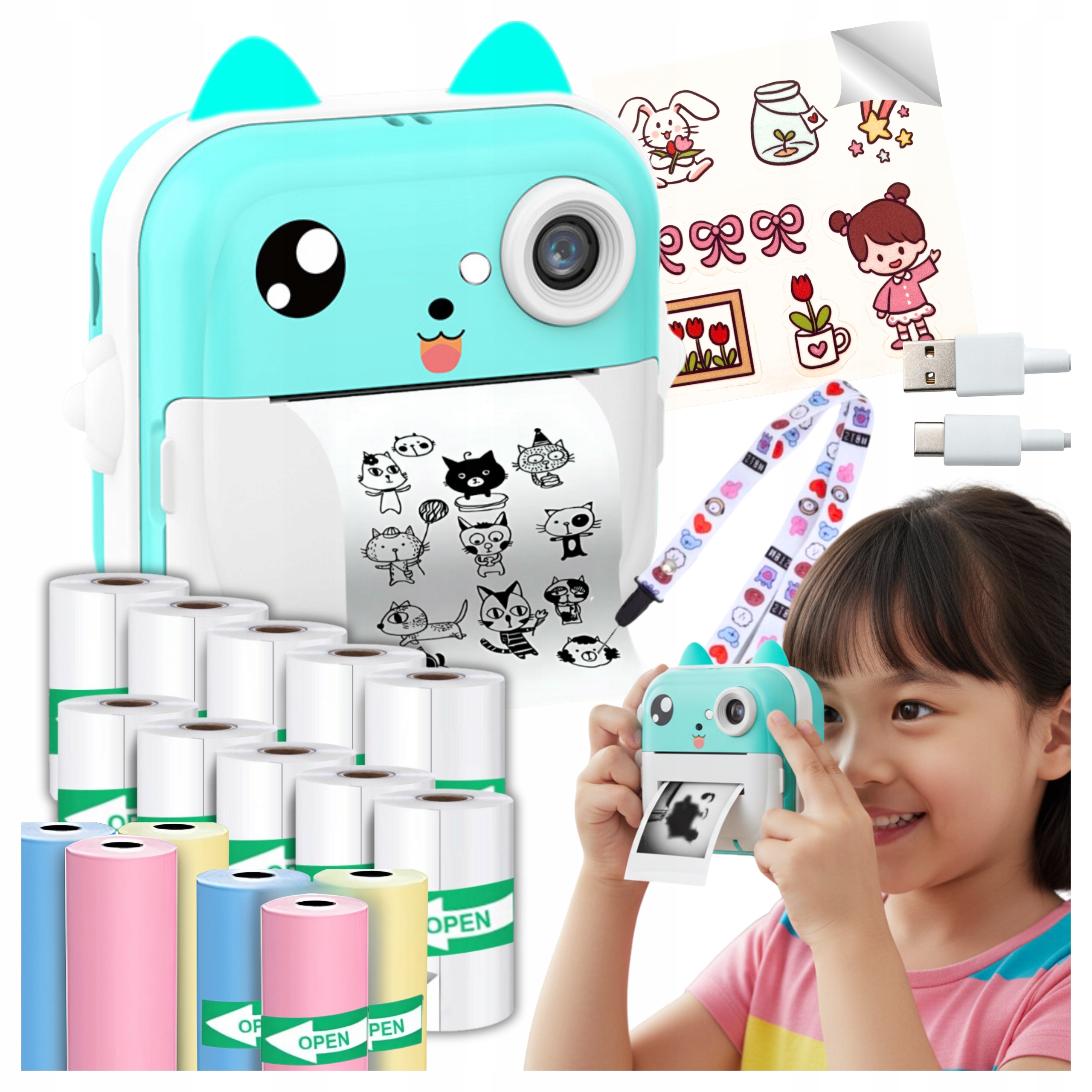 Aparat Natychmiastowy dla Dzieci Drukuś mini drukarka termiczna 17 rolek