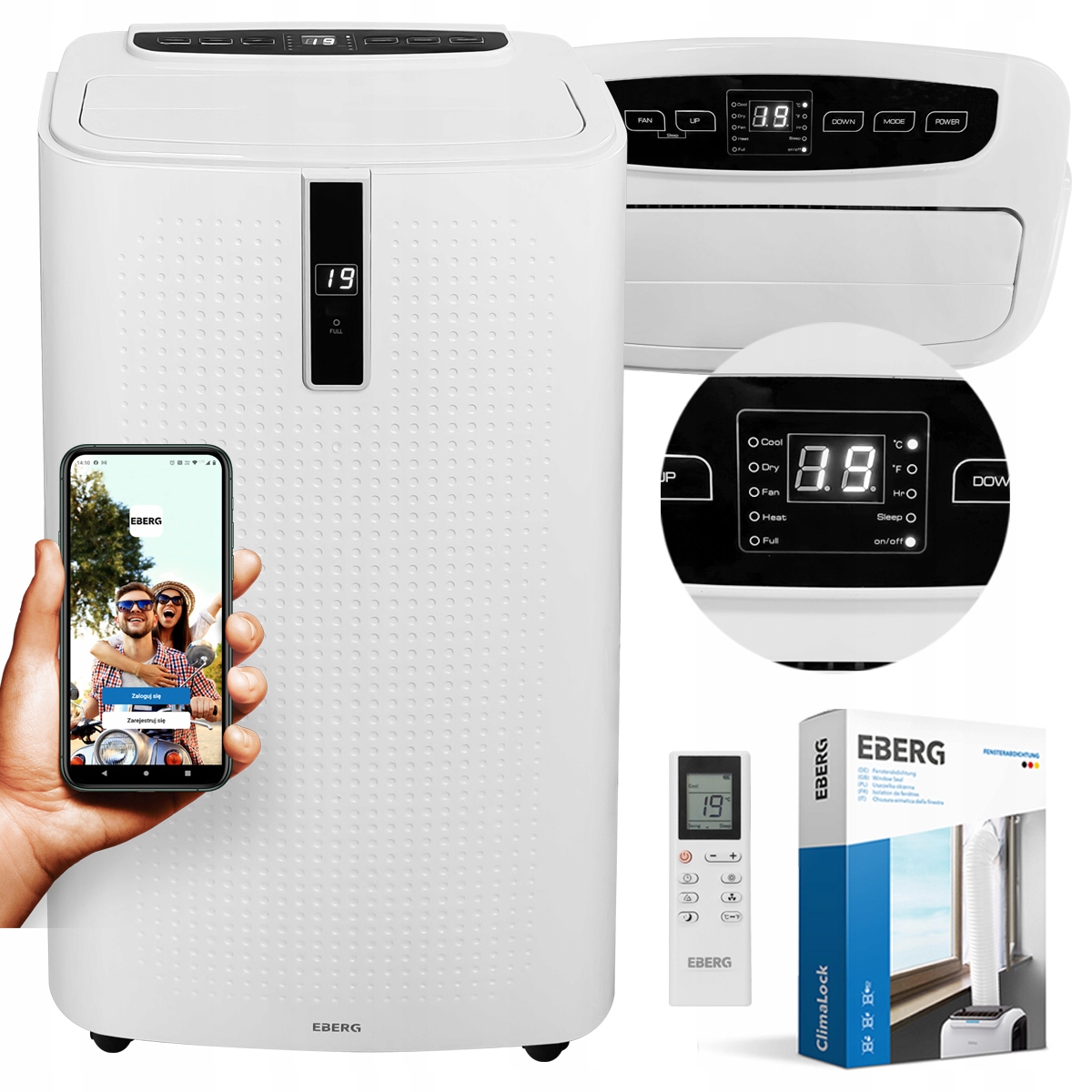 Klimatyzator przenośny Eberg Enva 3,5kW 3w1 WiFi osuszacz 56l/24h+ClimaLock