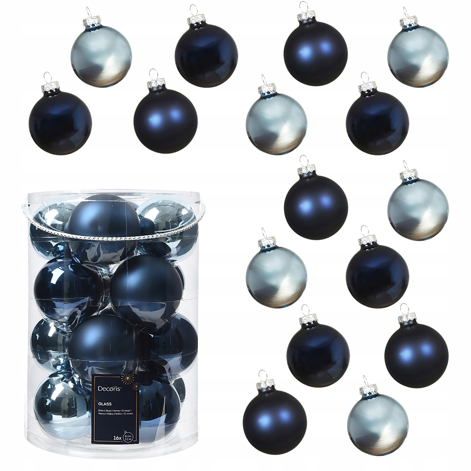 Sada skleněných vánoční baňky na stromeček 8 cm Modré v tubě, sada 16 ks