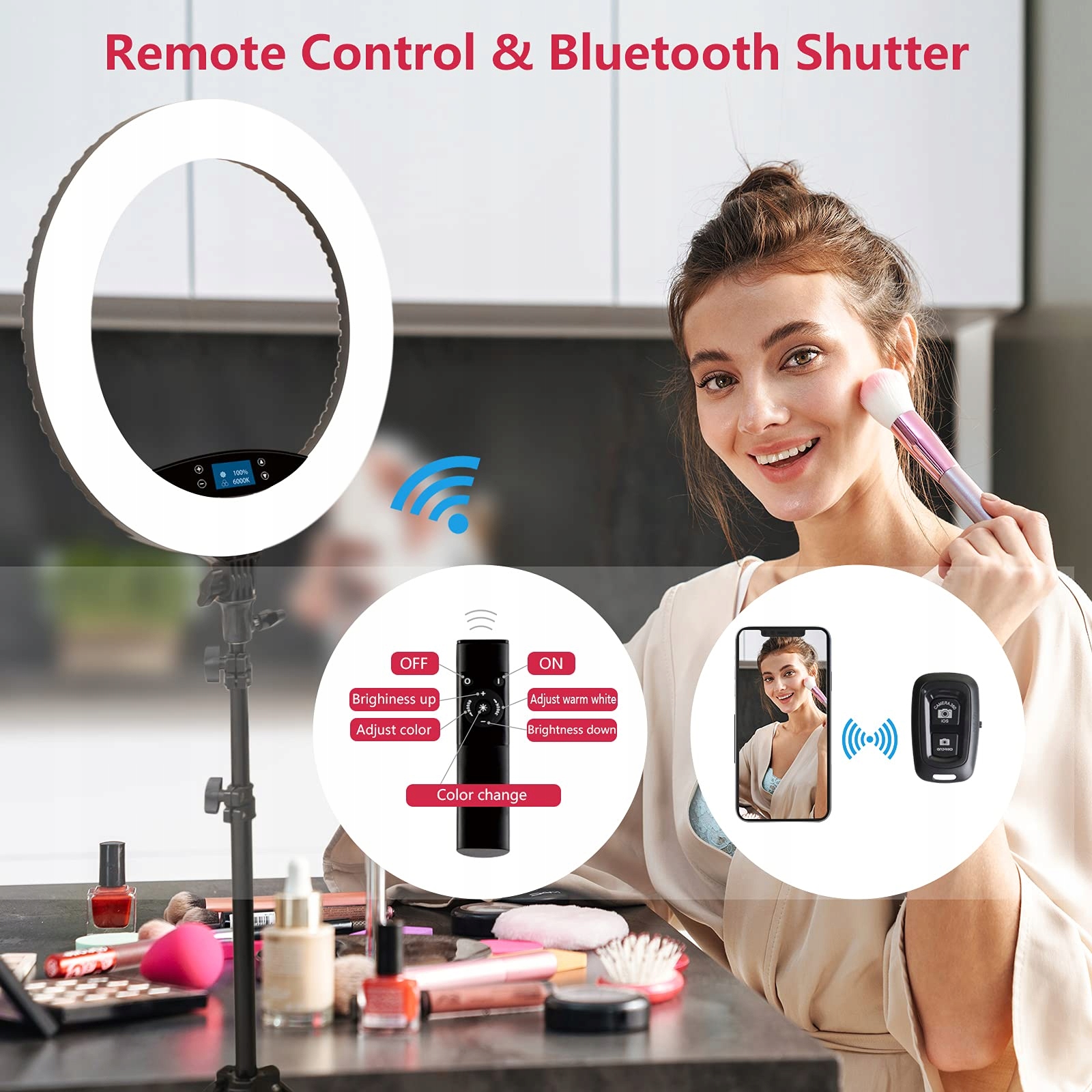 NEUTRAL LED Ring Światło Stojak LCD Dotykowe Regulowane Do Makijażu Vlogów — miniatura 3