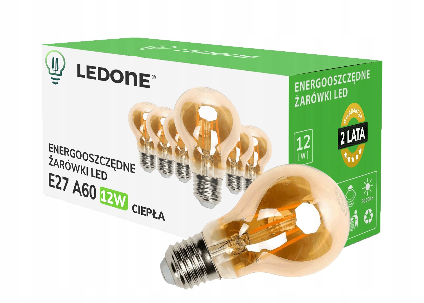 6x Led filamentová žárovka E27 A60 12W Teplá retro Vintage Led sada