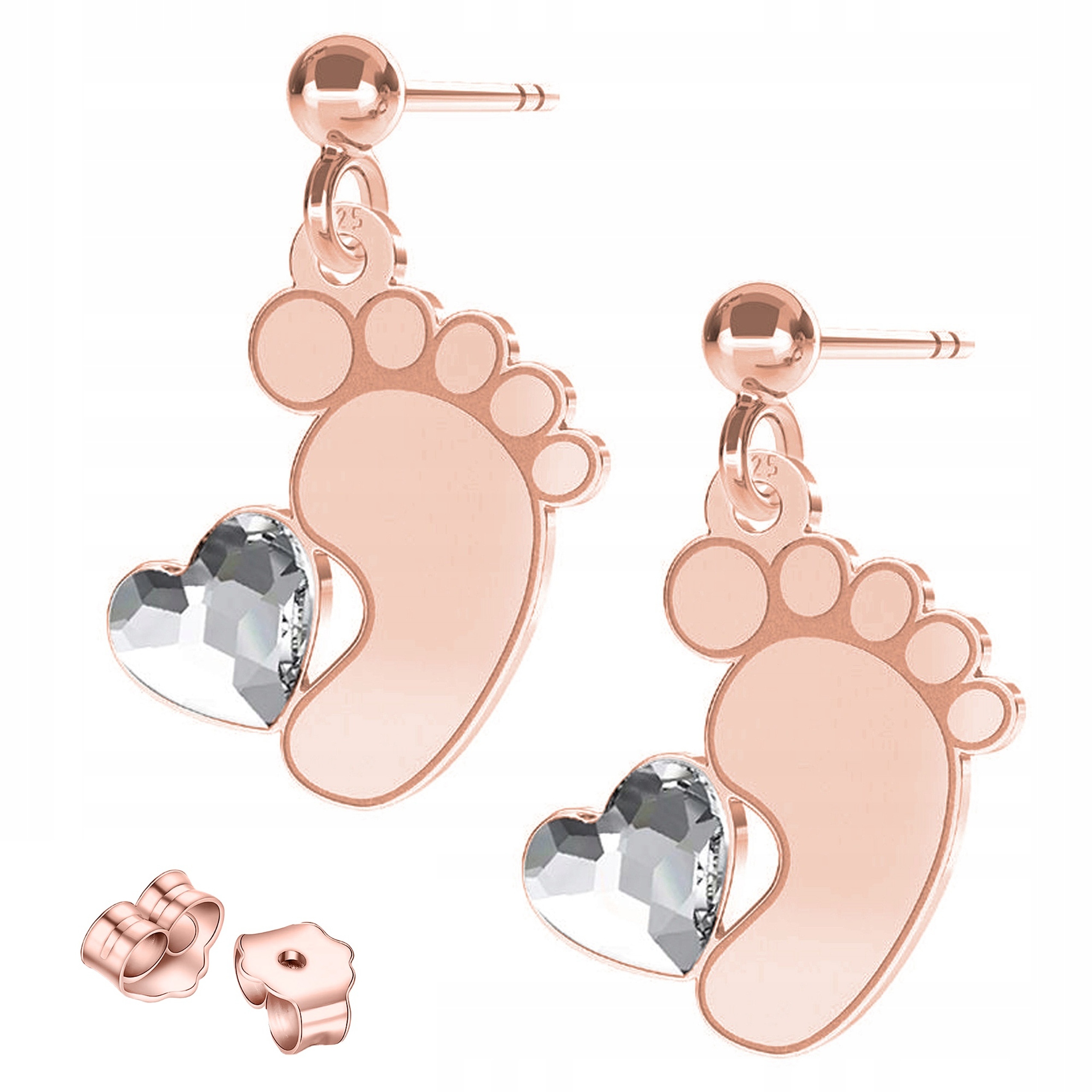 Náušnice Pozlacené nohy pro nohy dítěte Chodidlo se zirkonem srdce Stříbro 925