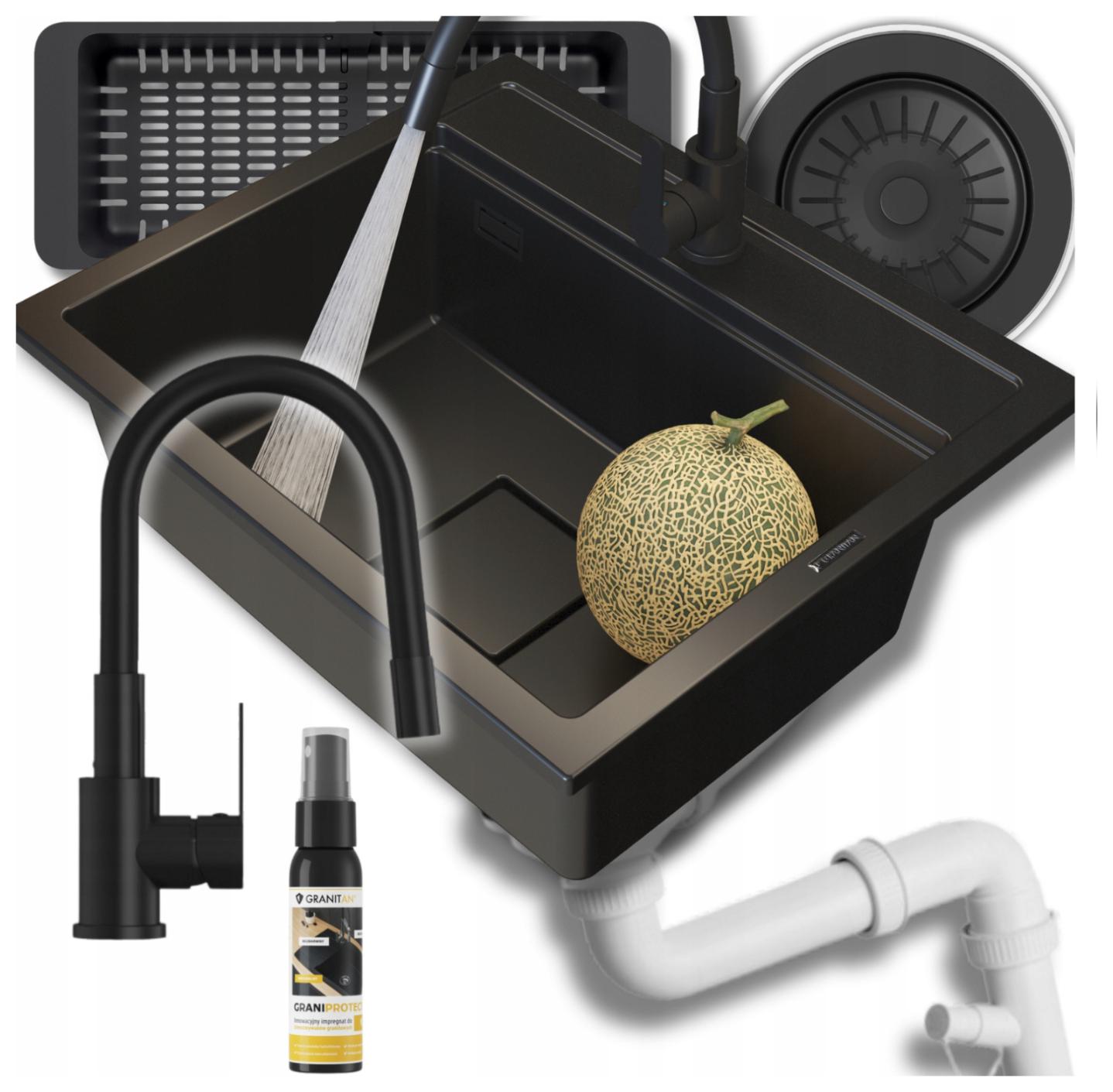 Jednokomorový granitový kuchynský drez Stone L Set batéria sifón košík