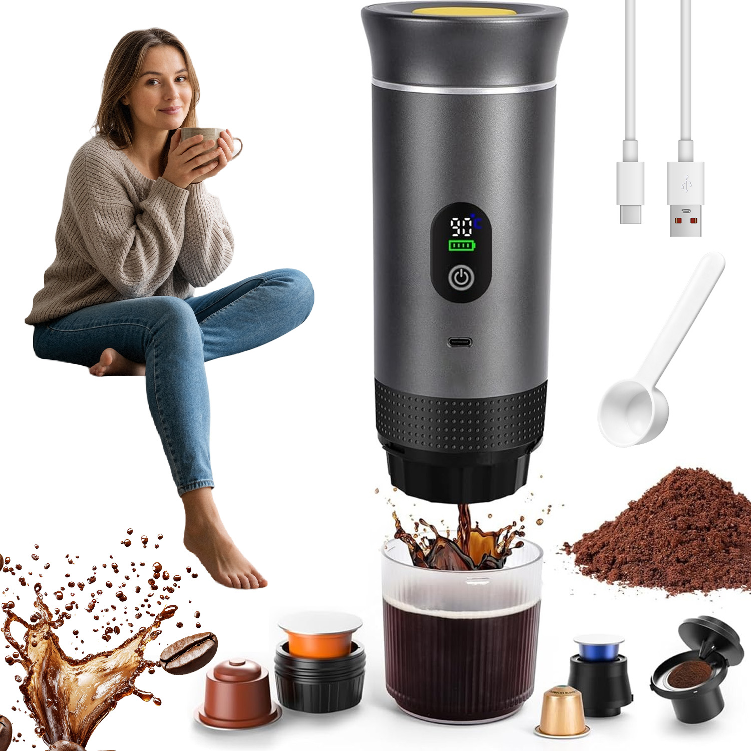 Přenosný Automatický Kávovar S Rychlým Samoohřevem 7500 Mah 80 ML