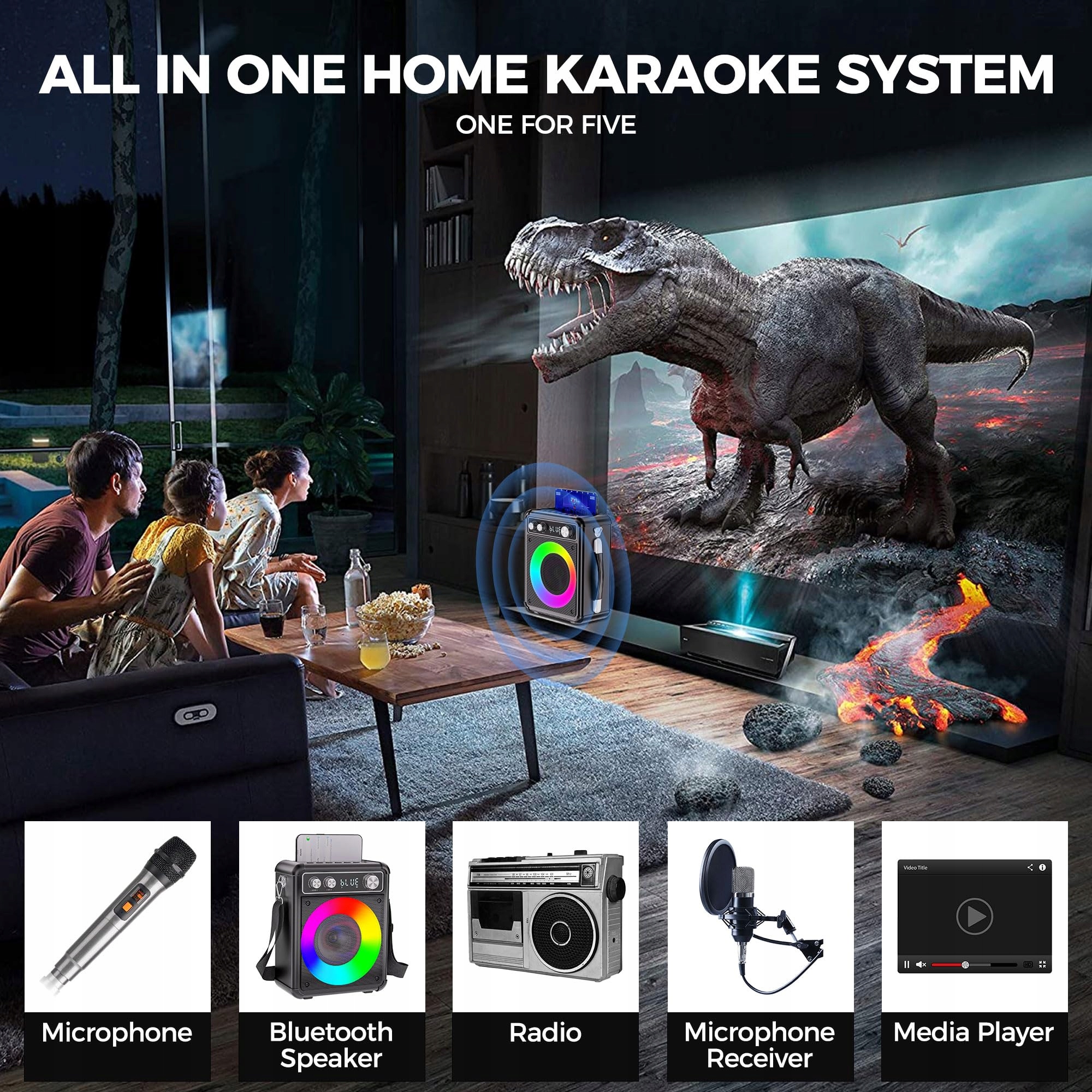 ANKUKA Przenośna Maszyna Karaoke Bluetooth z 2 Mikrofonami LED — miniatura 4