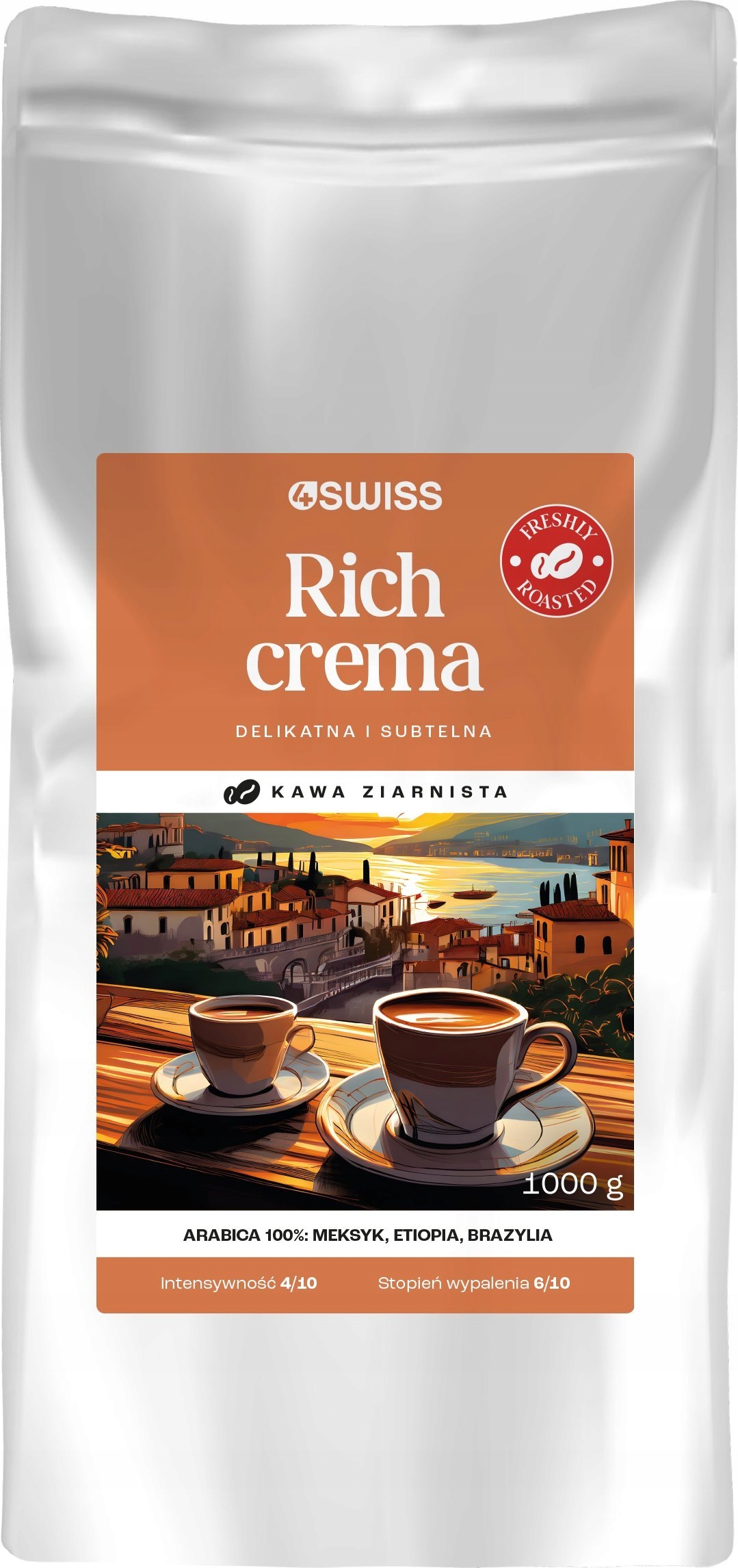 Levně Káva Zrnková Rich Crema 4Swiss 1kg Jemná Čerstvě Pražená Arabica 100%