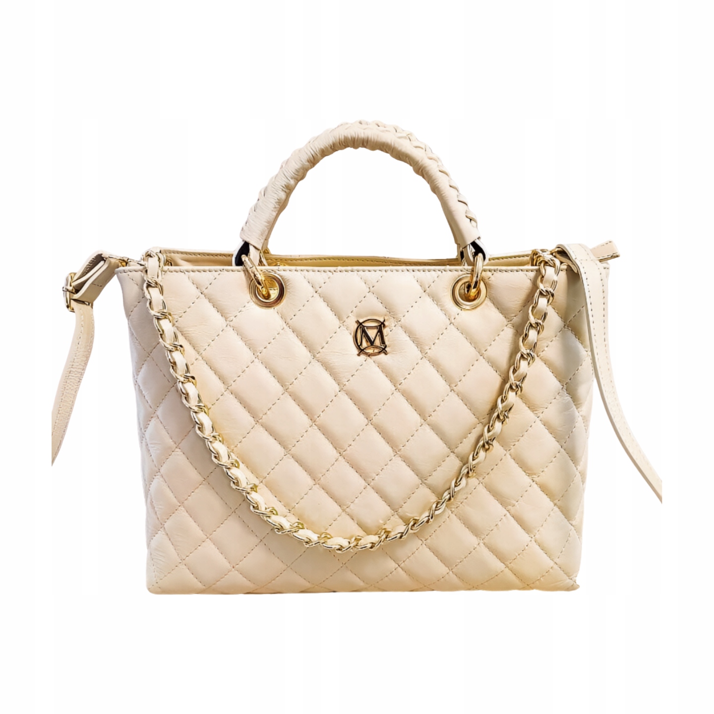 Massimo Contti kabelka shopper kožená béžová prošívaná s řetízkem