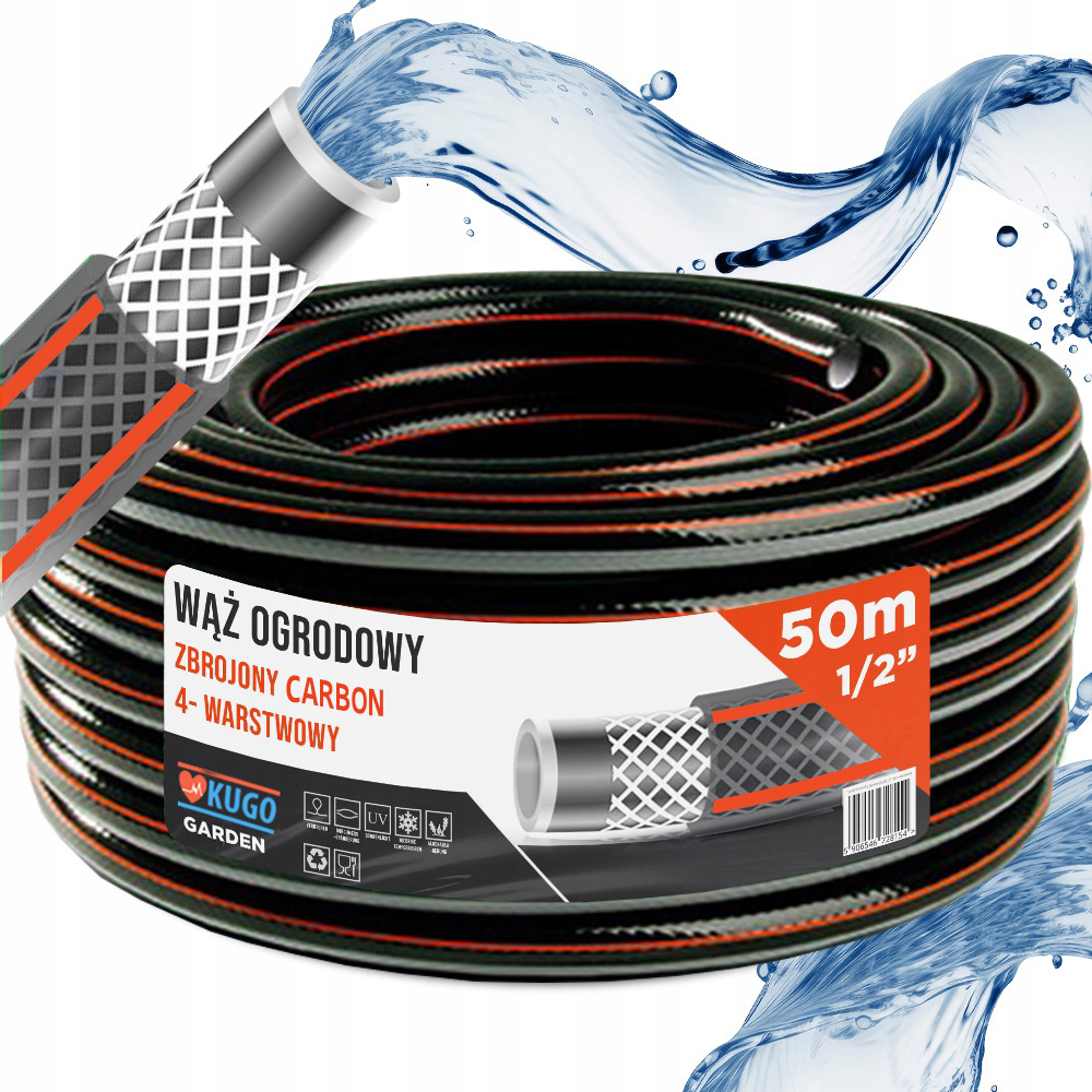 Wąż Ogrodowy Gumowy 1/2" 50m 4 Warstwowy Carbon Zbrojony Polska Produkcja