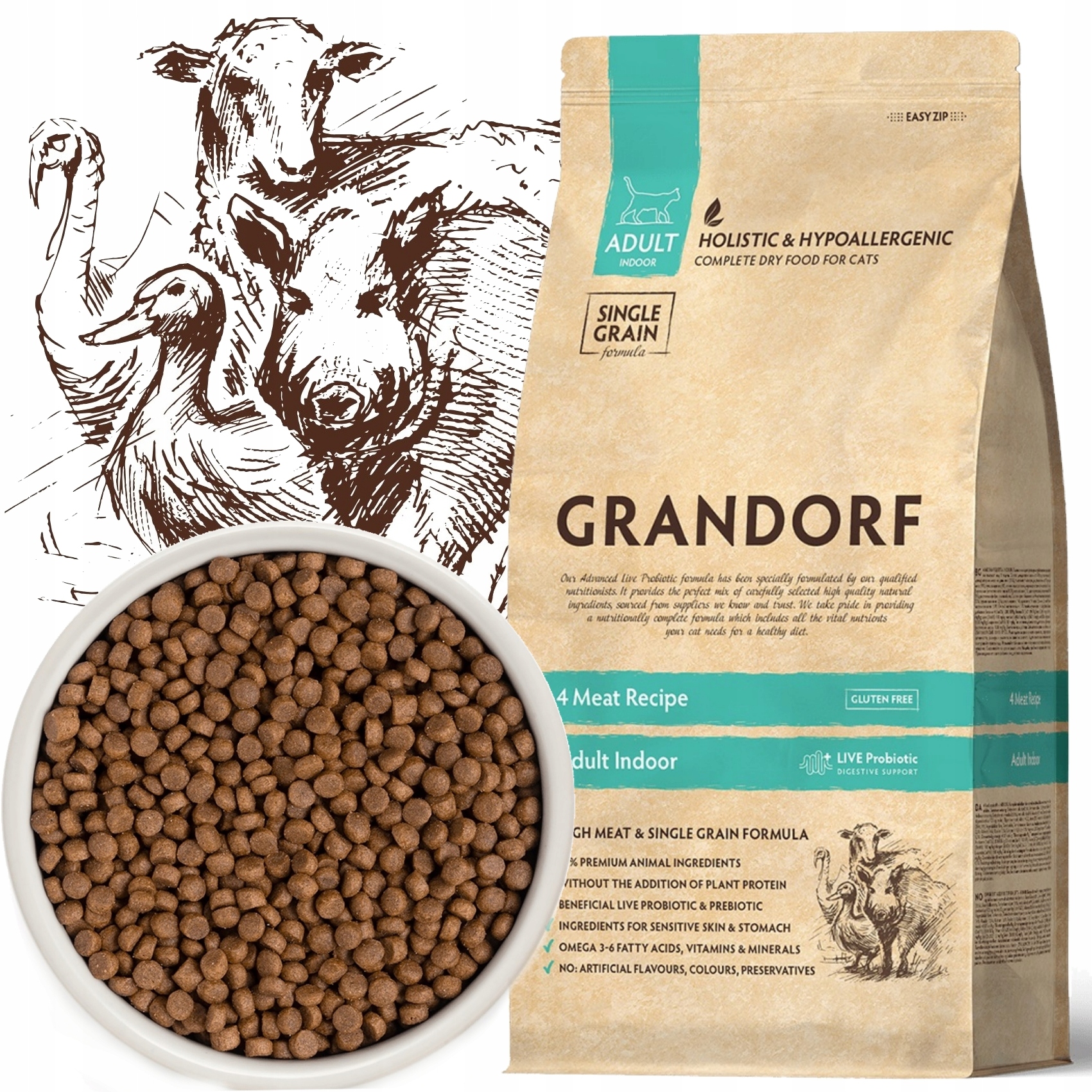 Grandorf 4 Meat Indoor Cztery Mięsa Karma Dla Kota Z Alergią 2kg