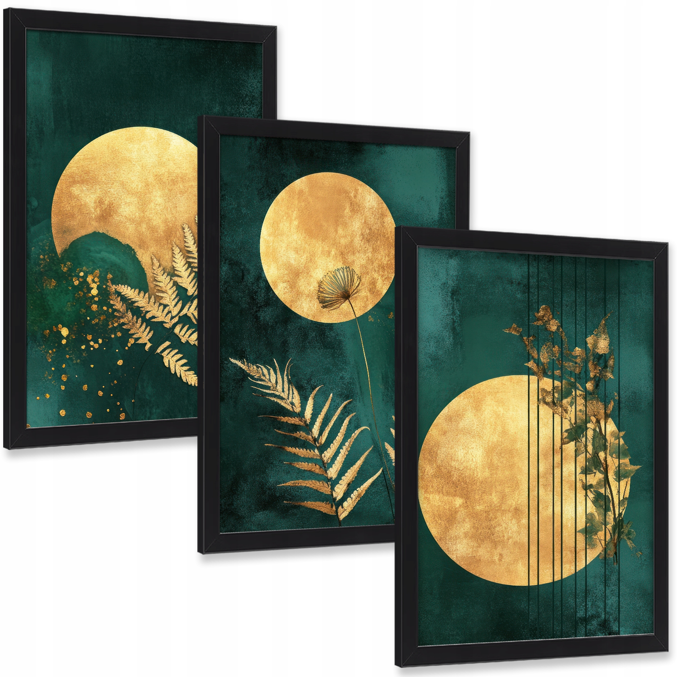 Triptych obrazov v ráme Zlaté listy a slnko glamour zelená 40x30 cm