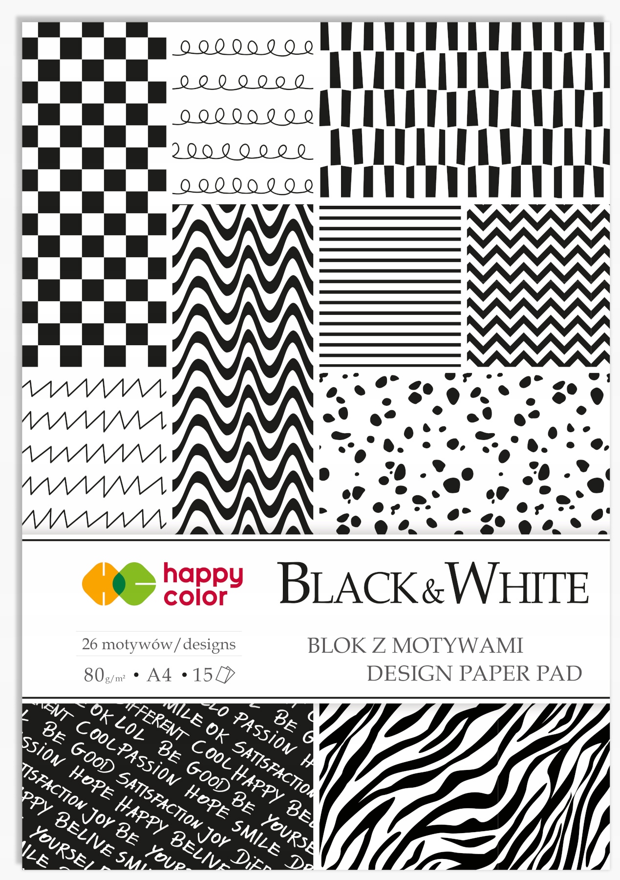 Happy Color BLOK EFEKT Z MOTYWAMI BLACK & WHITE A4 80g 15 kartek
