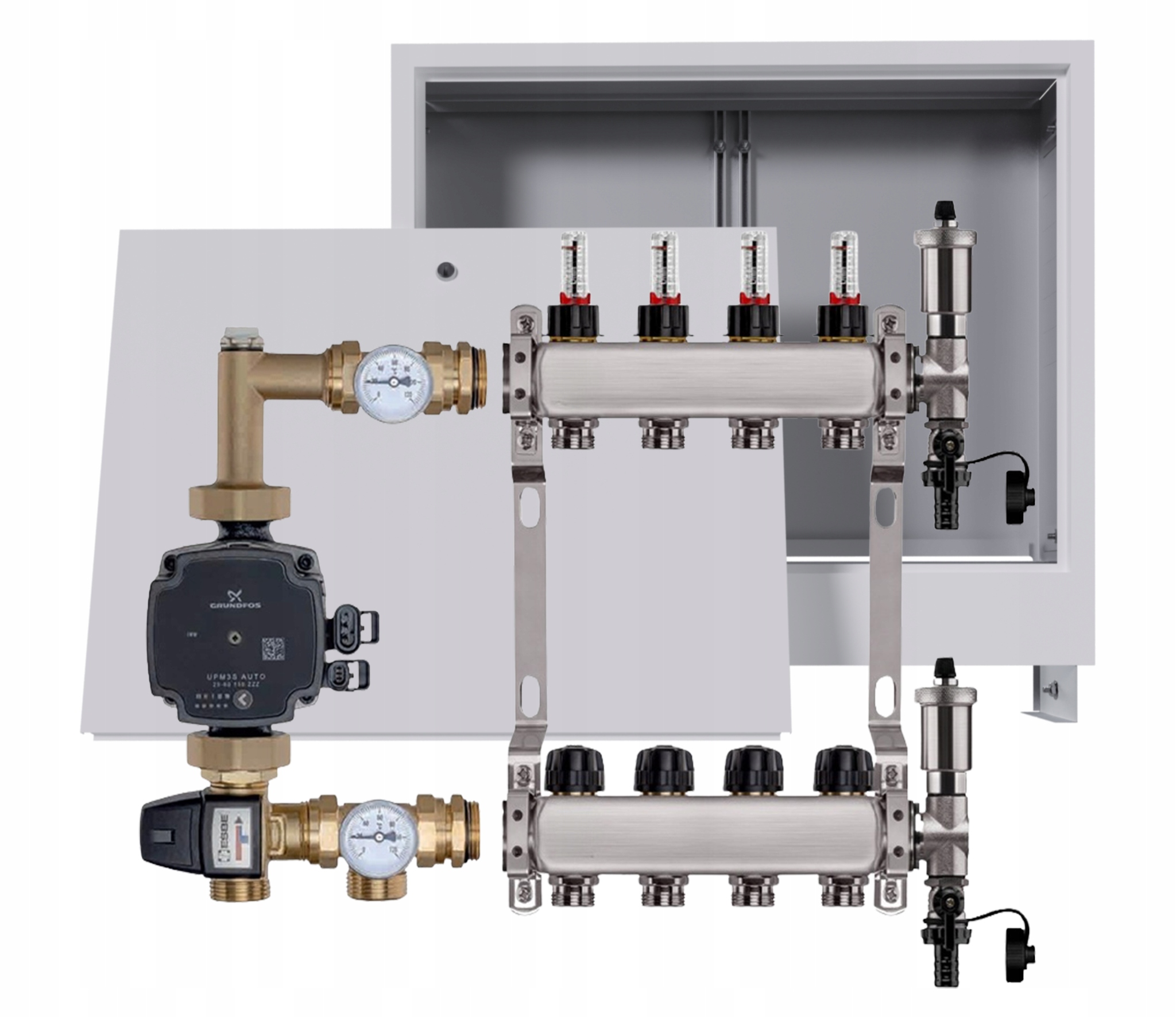 Nerezový rozdělovač pro podlahovku 4 podomítkové boxy Pompa Grundfos