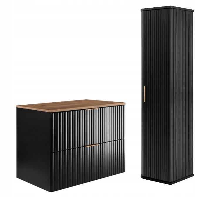 Koupelnová sada Závěsná skříňka 80 cm Černá Sloupek Rýhované čelní desky!