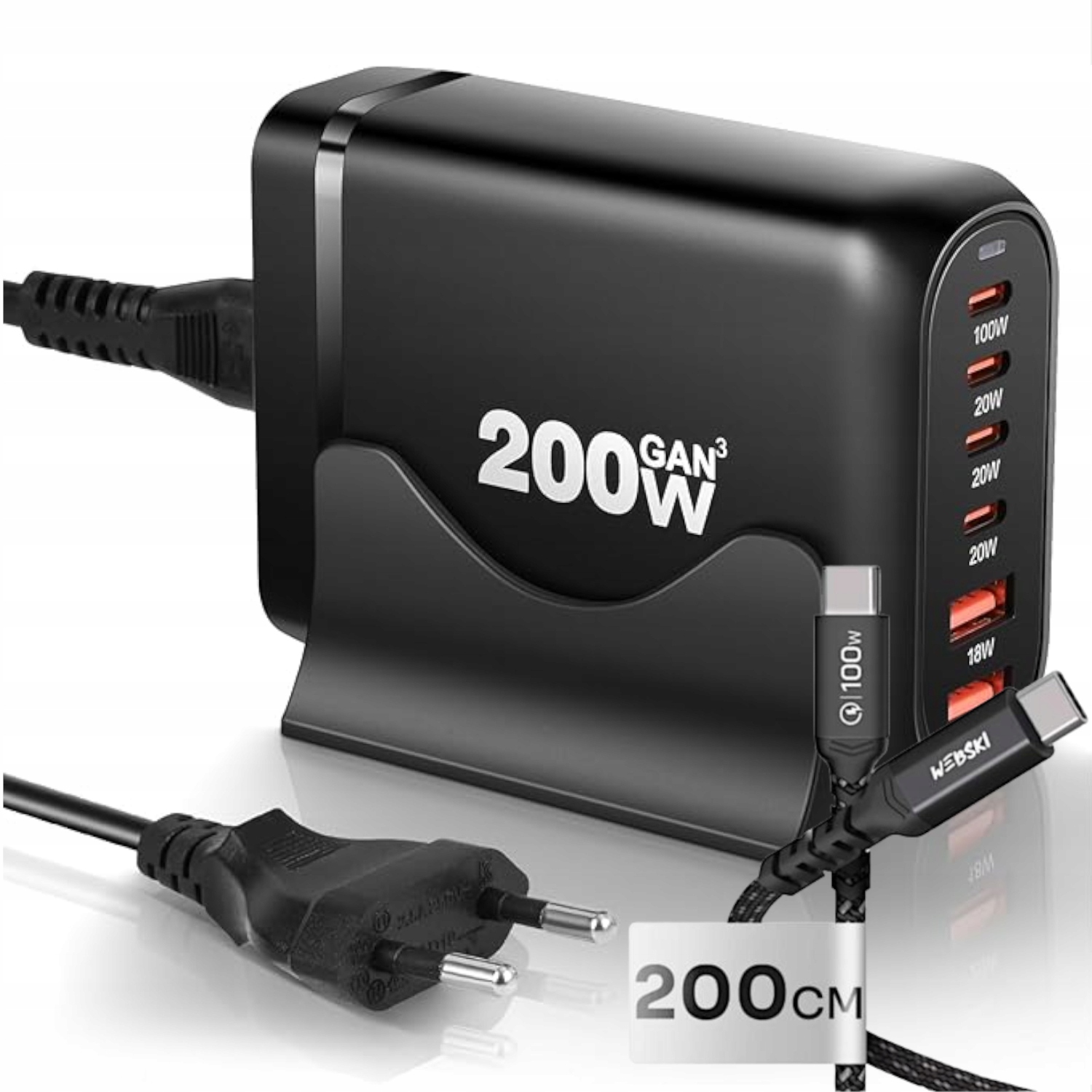 Extra Silná Síťová Nabíječka Dokovací Stanice 200W GaN 2xUSB 4xUSB-C Qc