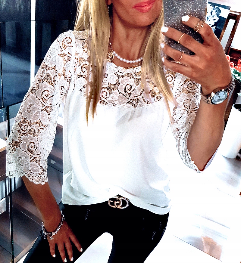 . ELEGANCKA BLUZKA KORONKOWA AŻUROWA BOHO LUŹNA Rozmiar M