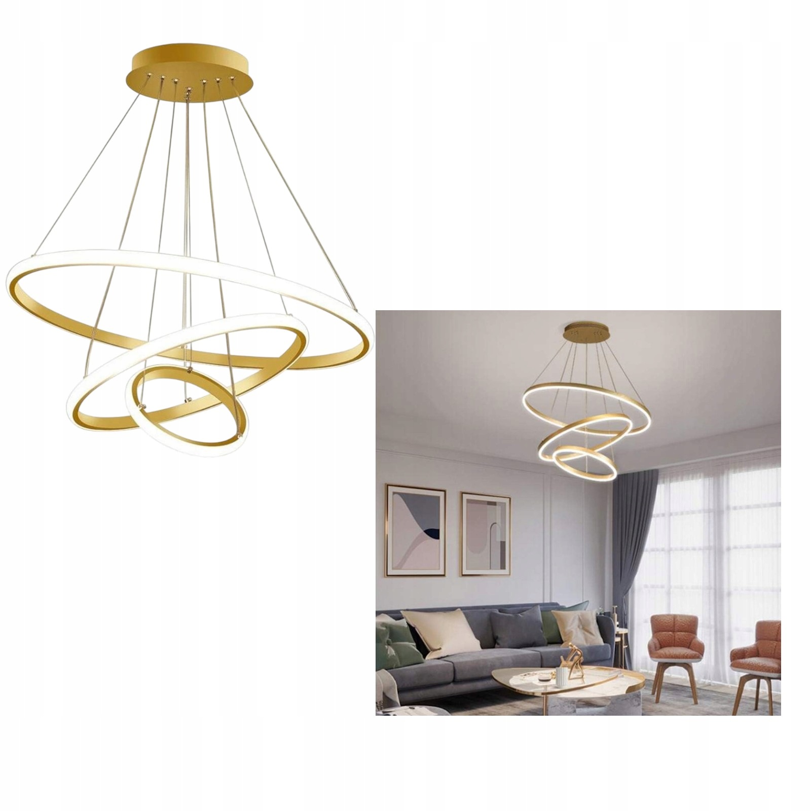 Lampa Wisząca Led Złota 3 Ring Ściemnialna Pilot 20 30 50 cm