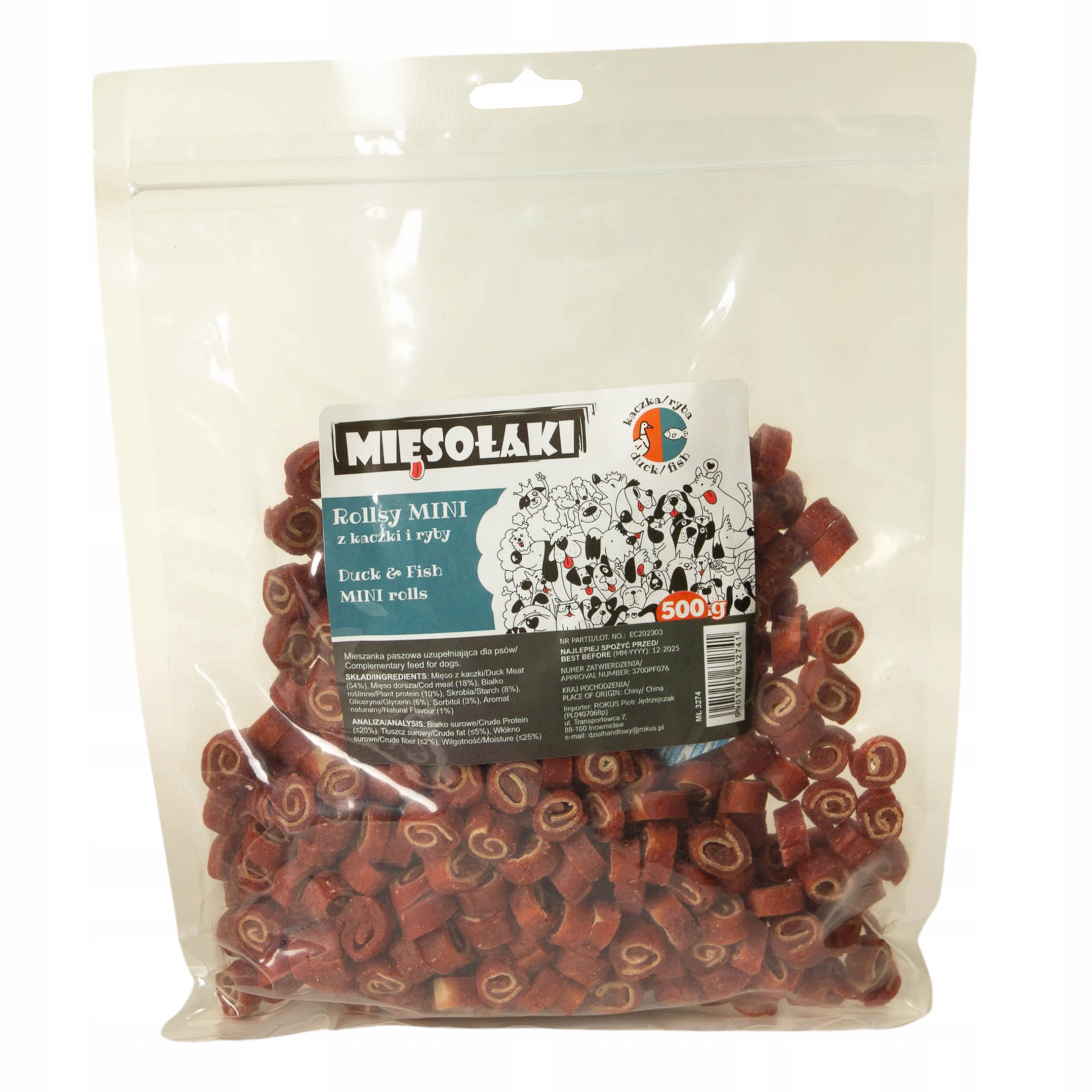 PRZYSMAKI DLA PSA MIĘSOŁAKI ROLLSY MINI KACZKA RYBA 500G