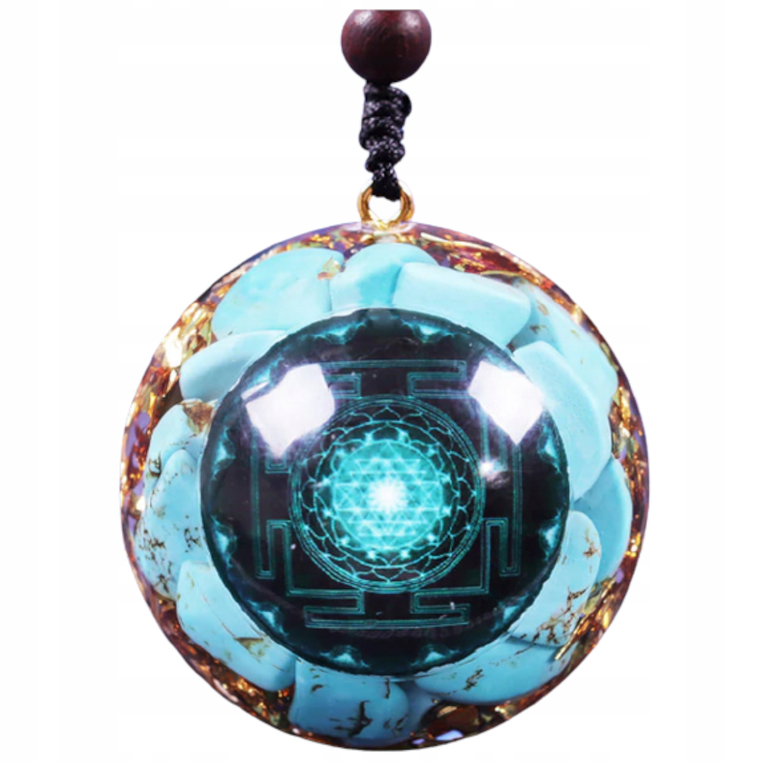 Naszyjnik Wisior Orgonit Odpromiennik Turkus Śri Jantra Wypukły Złota Folia