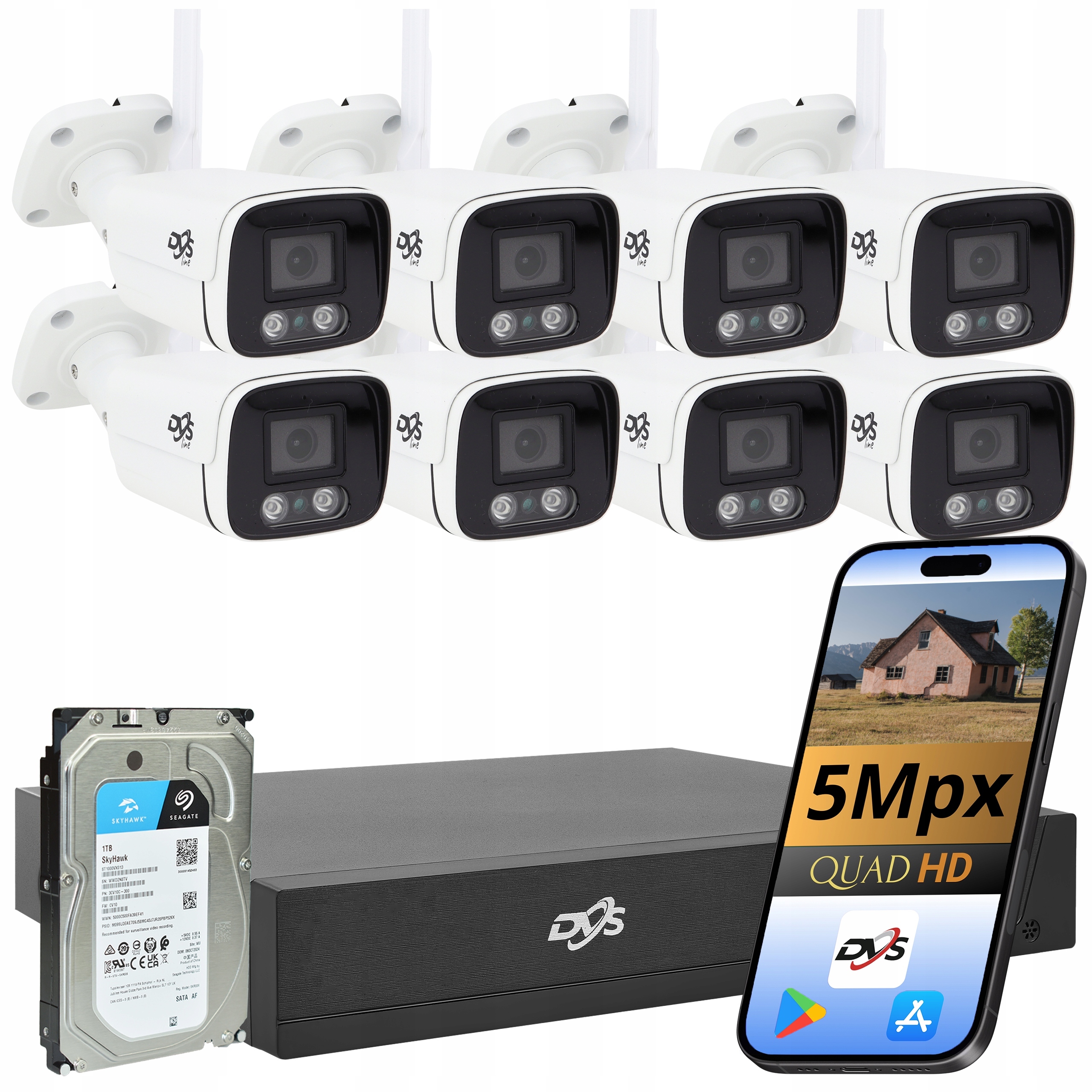 Sada 8 Kamer Pro Wifi Monitorování Bílá Tuba 5Mpx Bezdrátový Disk 1TB