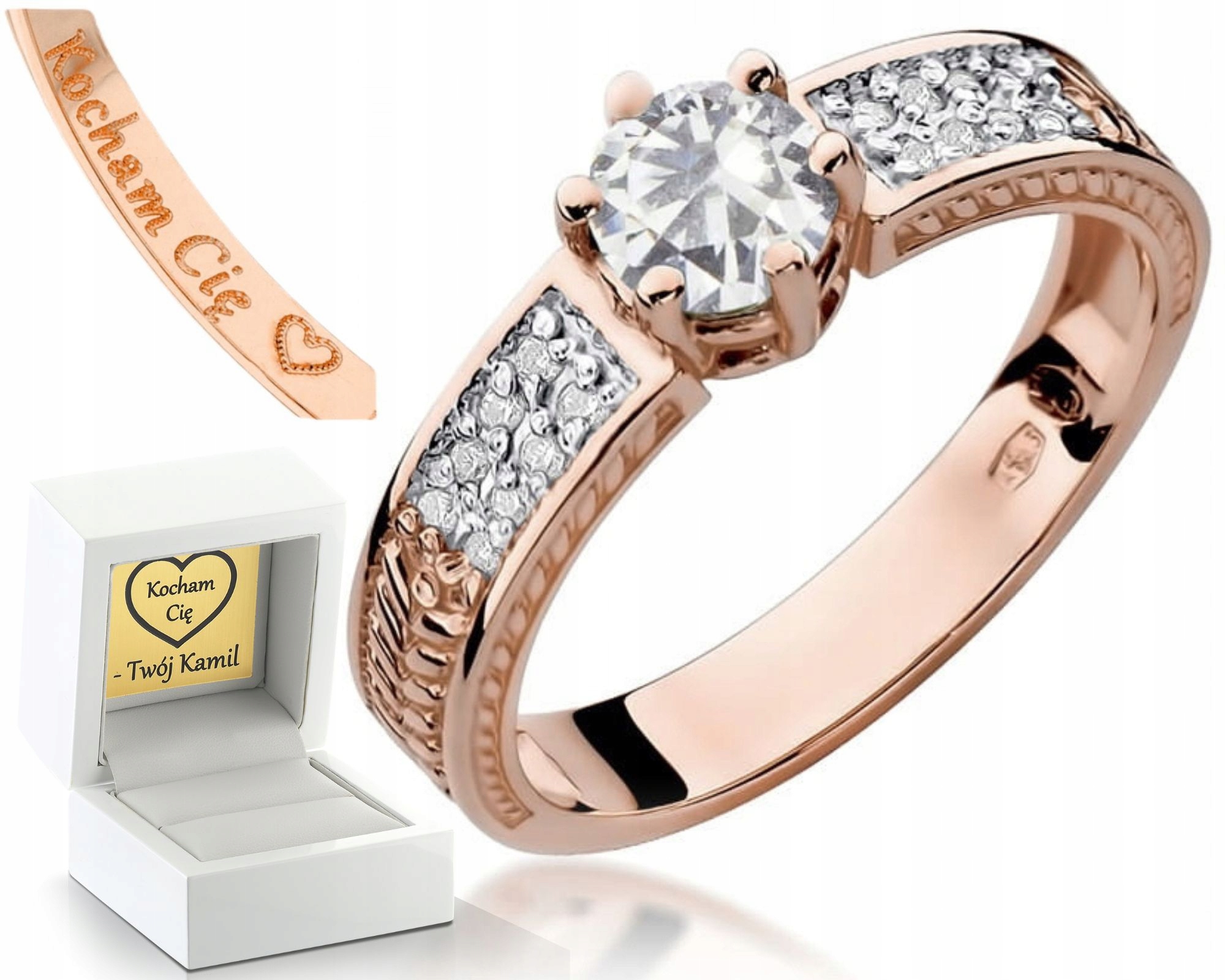 Zlatý Prstýnek Prsten S Bílým Safírem, Diamanty, Růžové Zlato 585, Gravírování