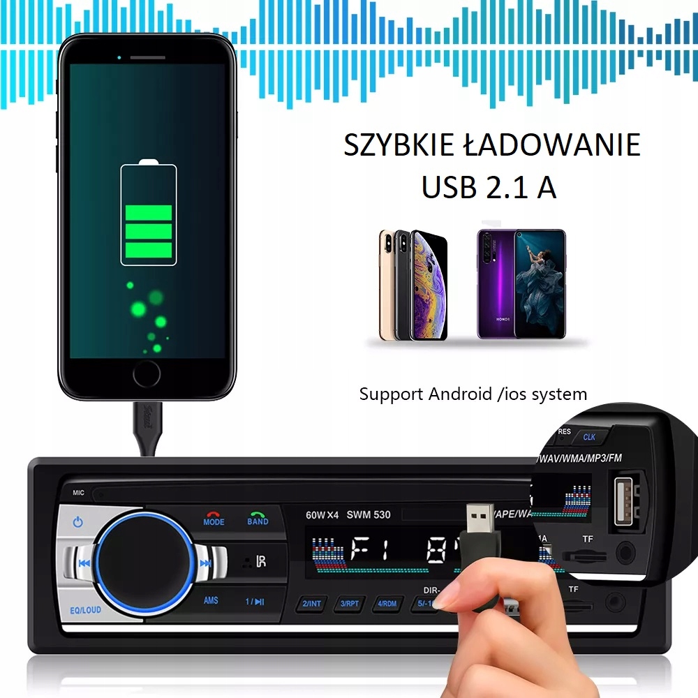 RADIO 1DIN BLUETOOTH USB 2.1A SD AUX MP3 Rodzaj akcesoryjny