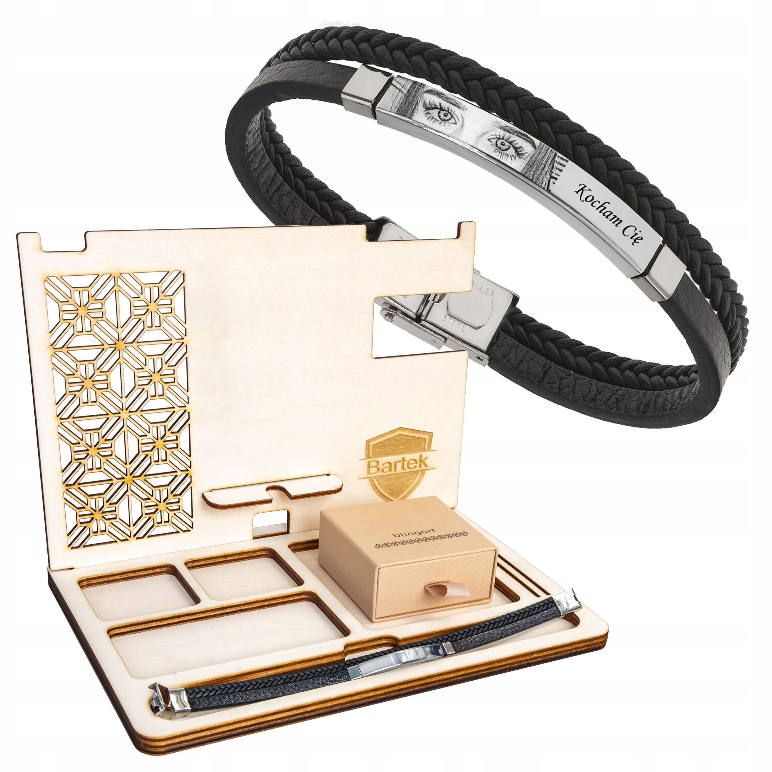 Dárek pro muže – náramek s gravírováním, dřevěný organizér Blingart