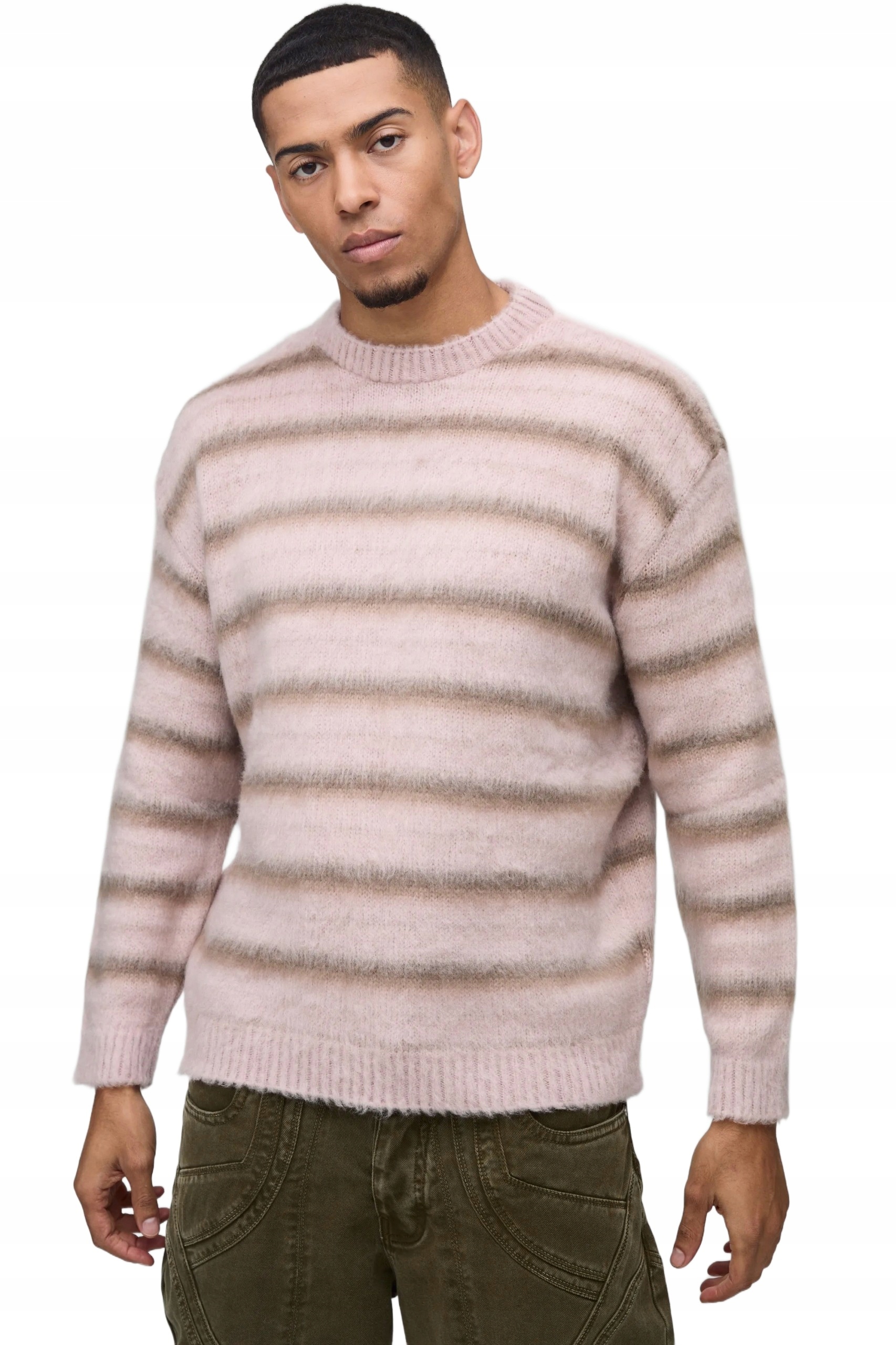 Boohooman Pánský Pruhovaný Svetr S Kulatým Výstřihem Růžový XL Z3A