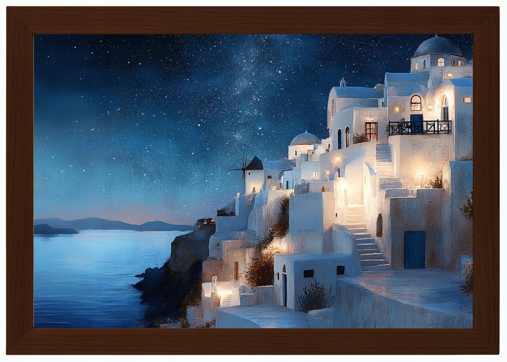 Rám Rámeček Dřevěná Plakát Řecko Ostrov Santorini Město Noc 60x40