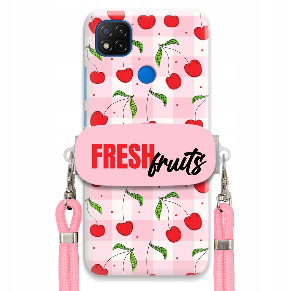 Pouzdro pro Xiaomi Redmi 9C Držák Šňůrka Růžová Fresh Fruits Mřížka
