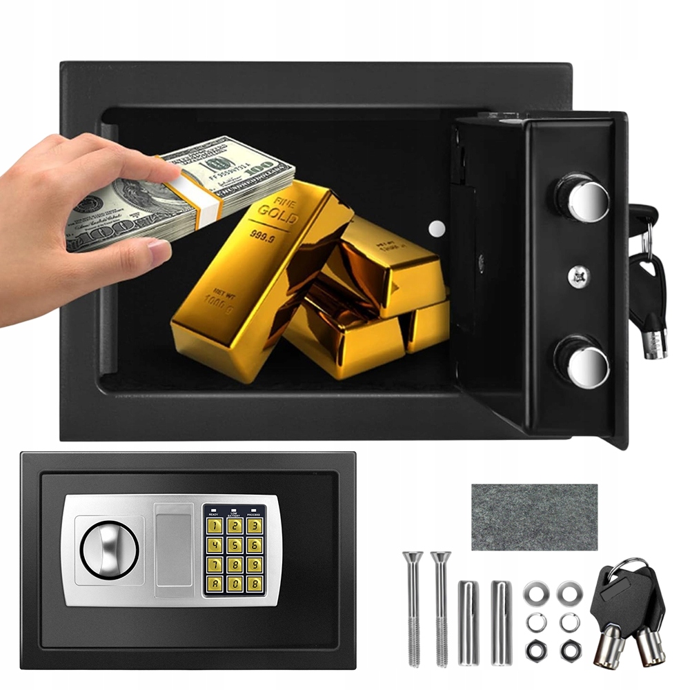Mini Sejf 8.5L Elektroniczny Na Kod Klucz Szyfr Kasetka Kasa Pancerna Mocna
