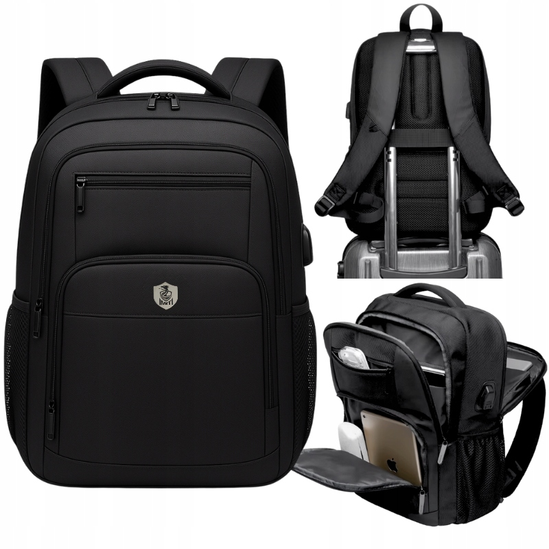 Plecak Na Laptopa 17 Cali Z Usb Męski Szkolny Sportowy Wodoodporny Czarny