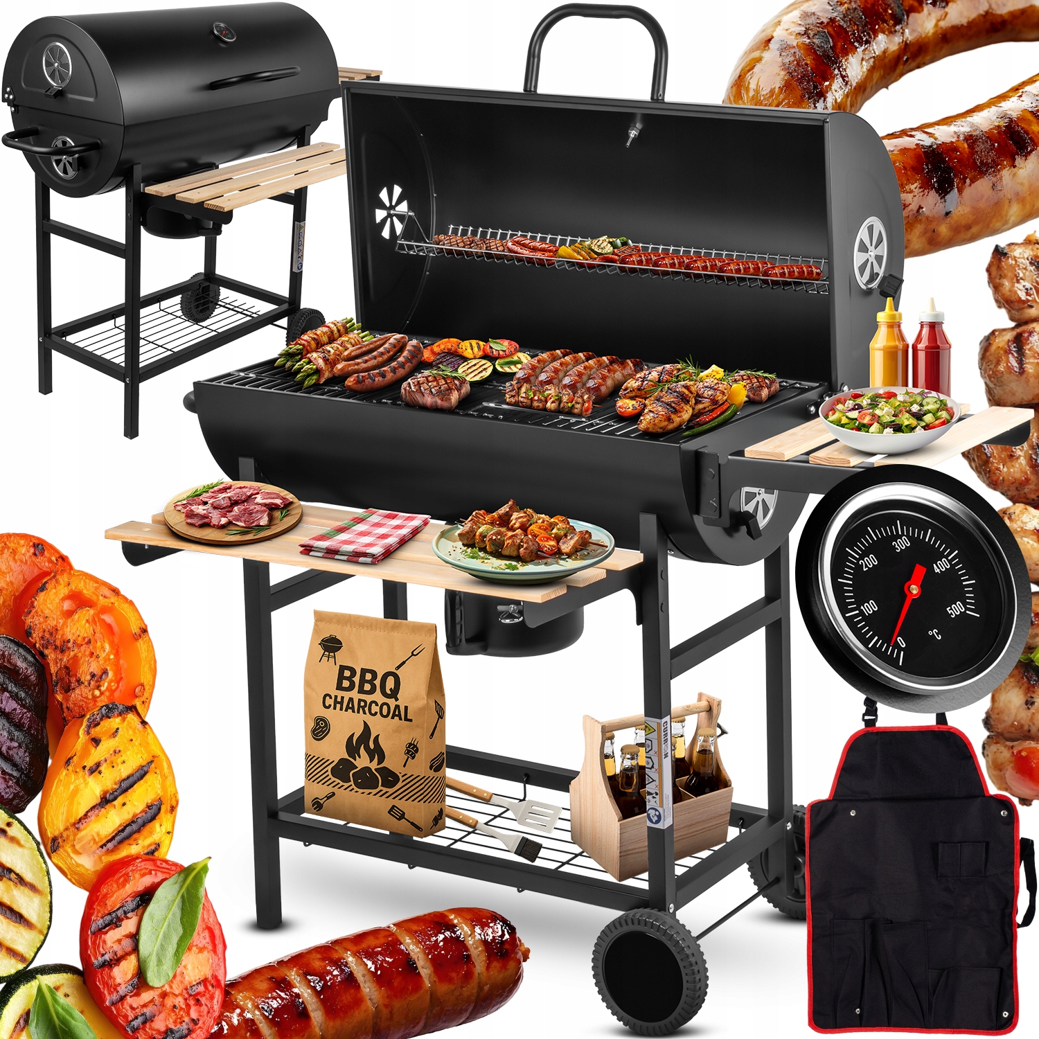 Grill Węglowy Ogrodowy Beczka 3 Chromowane Ruszty Popielnik Termometr Kółka