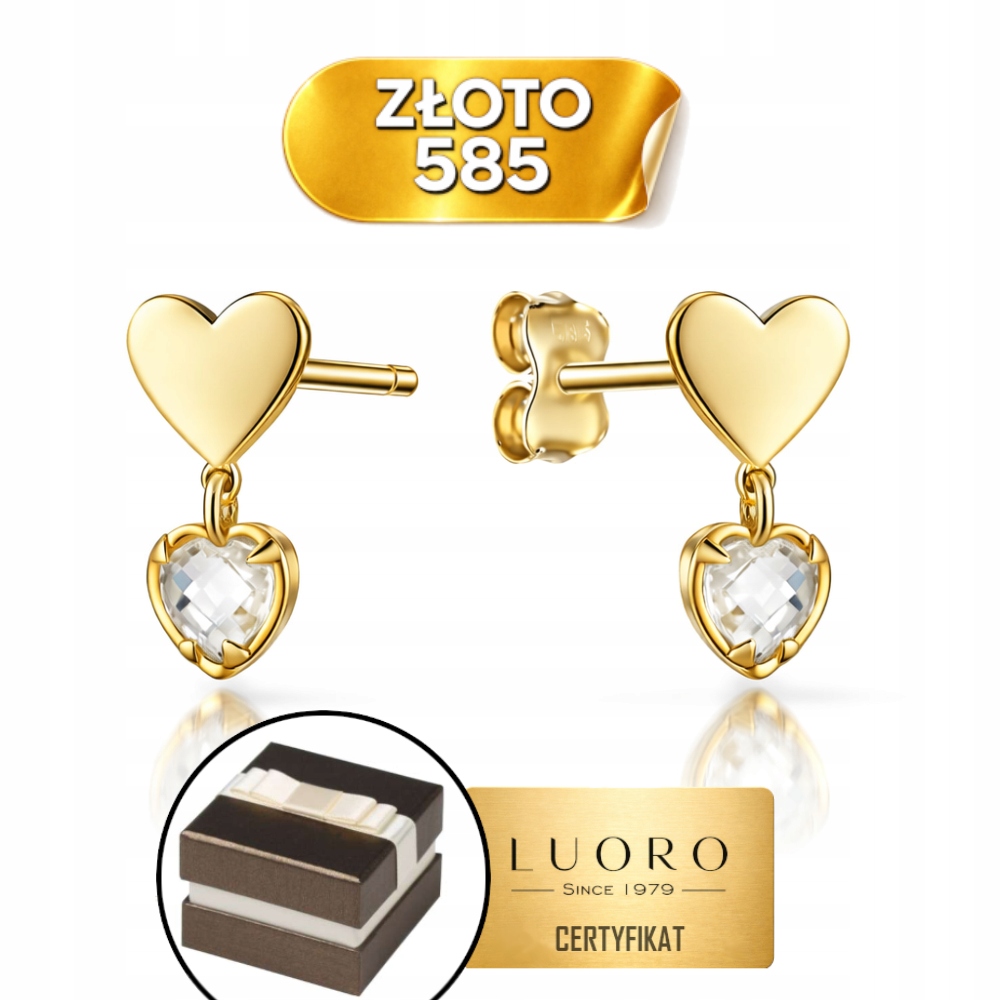 Náušnice Zlaté 585 14K Srdce Se Závěsným Kamenem Tyčinka Elegantní 12 MM