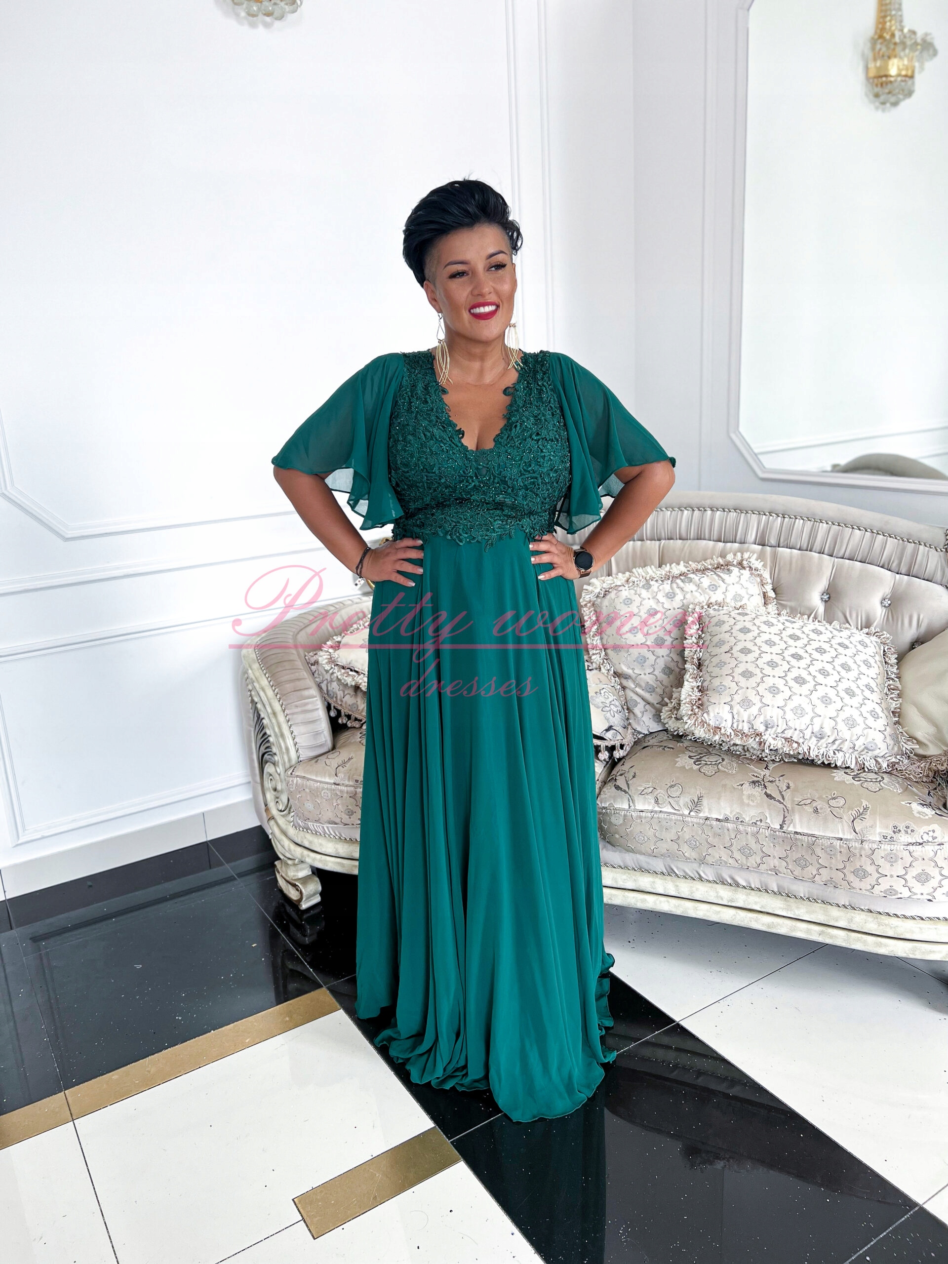 Šaty Arczi Dlouhá S Krátkým Rukávem Zelená 48