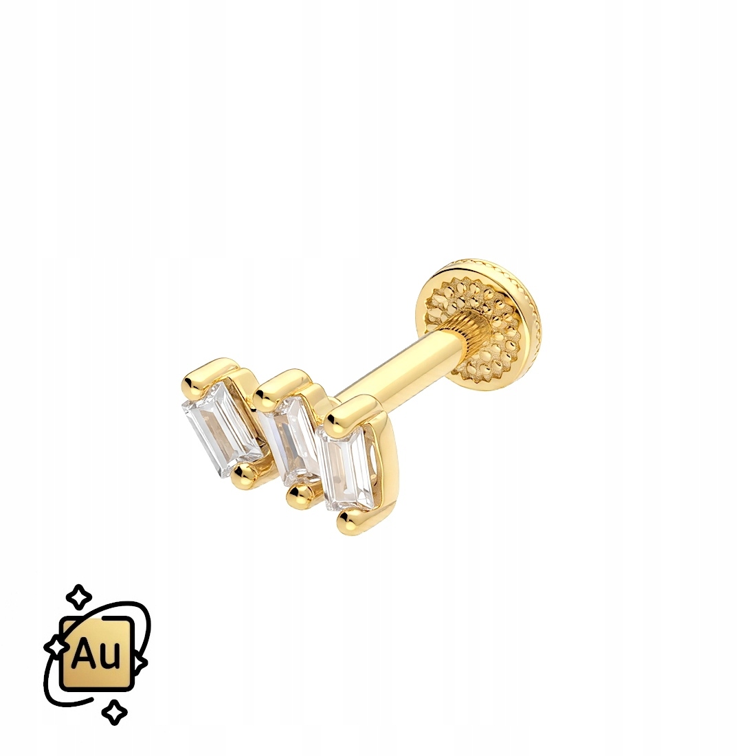 Zlatý labret Internal ze 14K zlata se třemi zirkony, baguette 1,2/8 mm