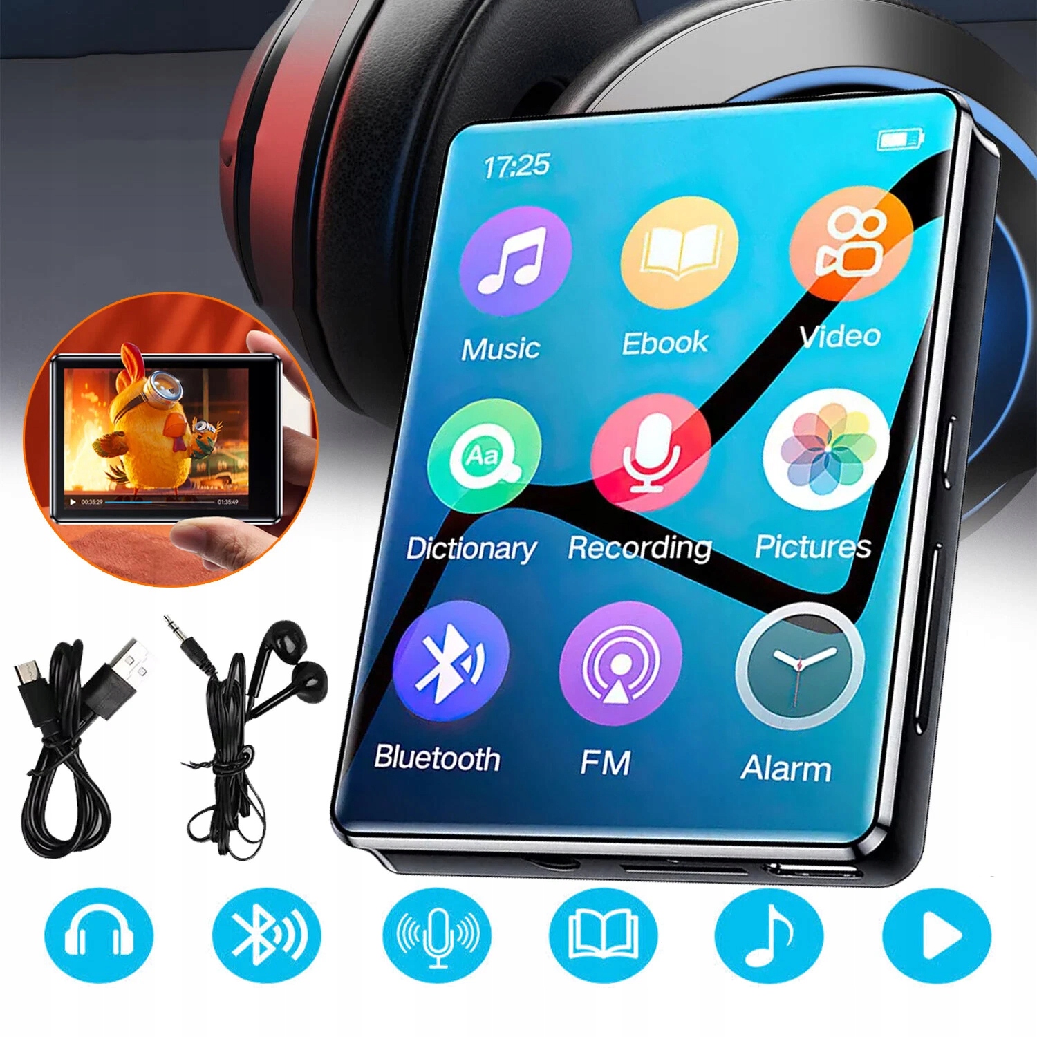 Odtwarzacz MP3/MP4 z 64GB Bluetooth 2,4-calowy Dyktafon Fm Głośnik