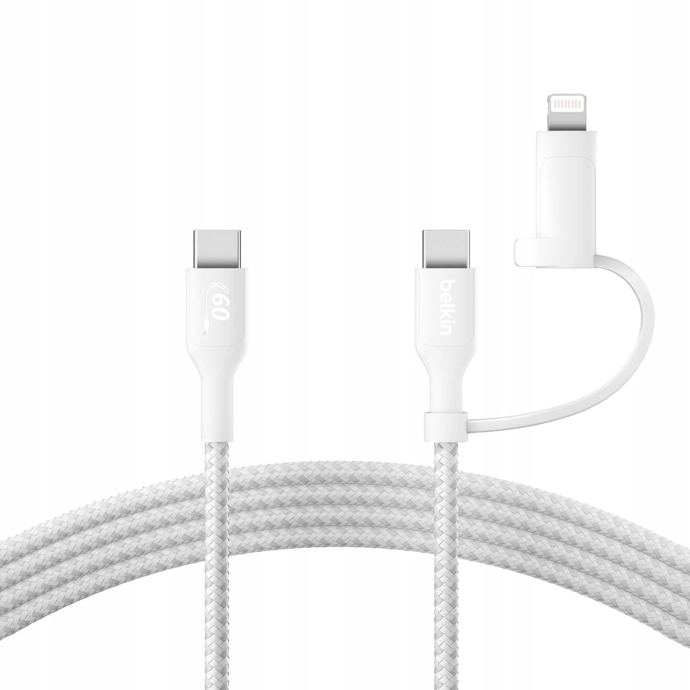 Belkin Kabel 2 v 1 s konektory Usb-c a Lightning, 60 W, opletený, 1,5 m, bílý
