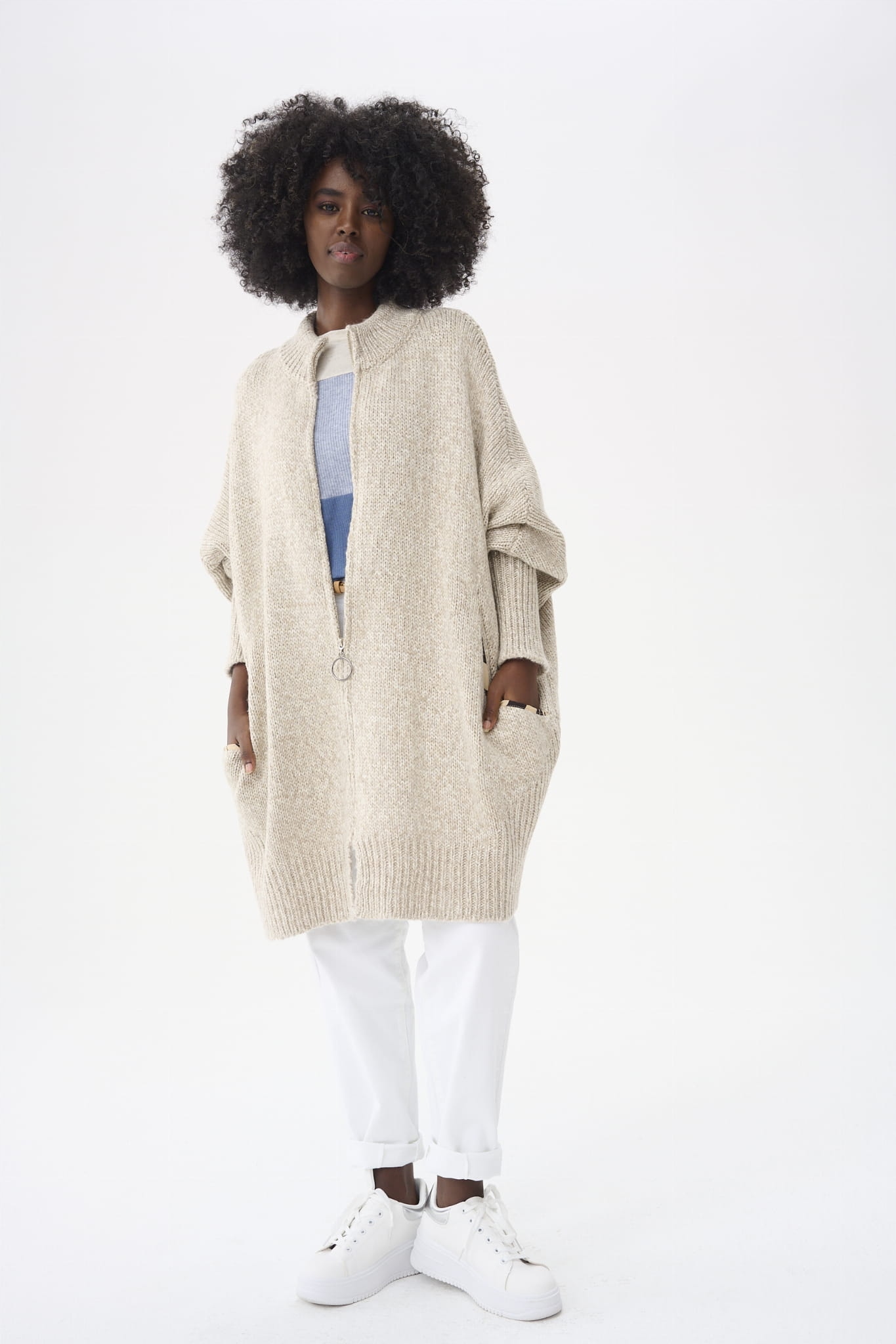 Dámský kardigan s vlnou Panga 3 Cappucino Melanž blue shadow vel. Univerzální