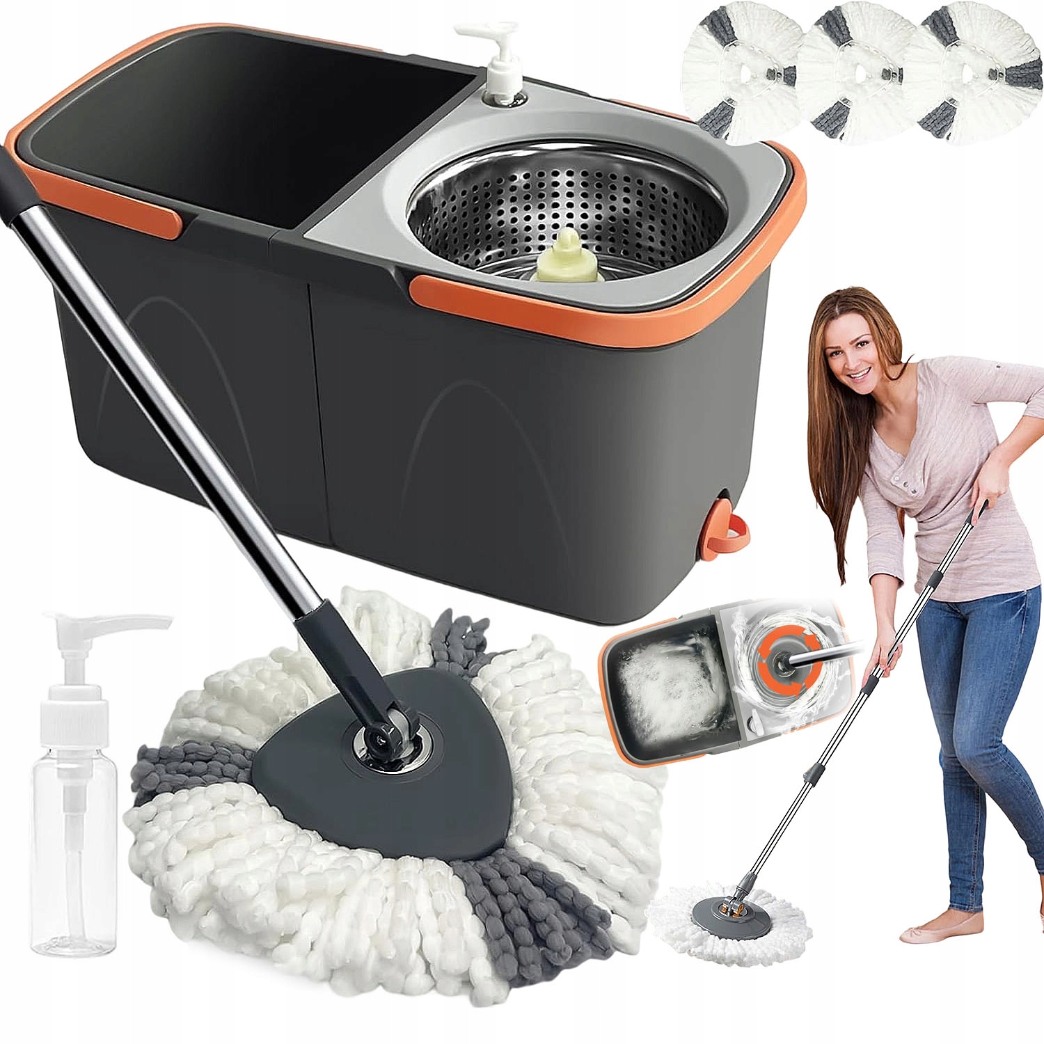 Levně Sada Rotačního Mopu 360° 2V1 3 Nástavce Dvoukomorový Kbelík