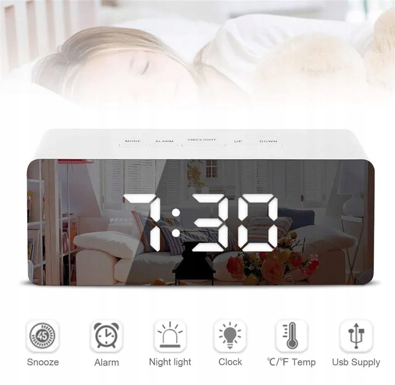 ZEGAREK ELEKTRONICZNY STOJĄCY BUDZIK ALARM DATA TERMOMETR LUSTRO LED ZEGAR Szerokość całkowita 14 cm