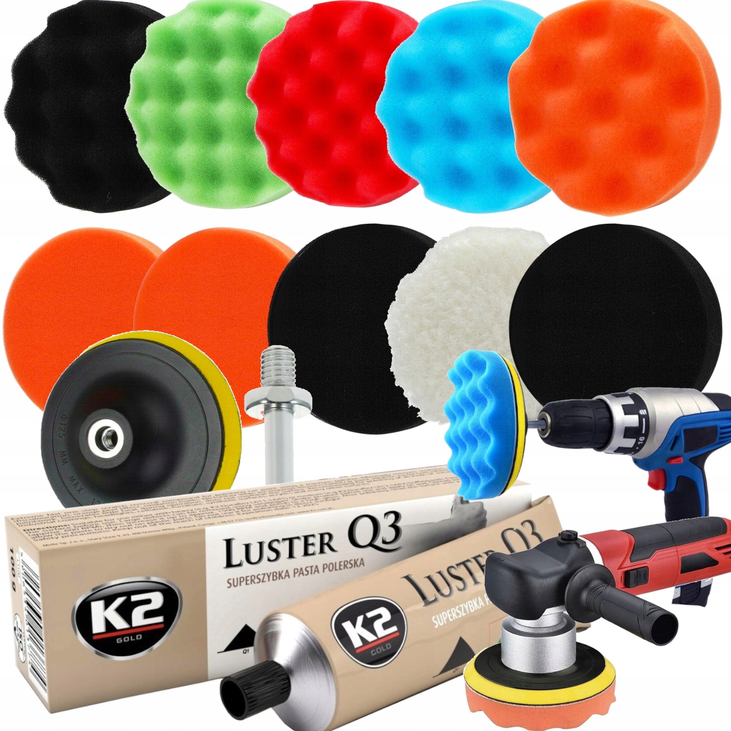 Zestaw XXL 12el Gąbek Gąbki Pady K2 Pasta Polerska Do Polerowania Lakieru