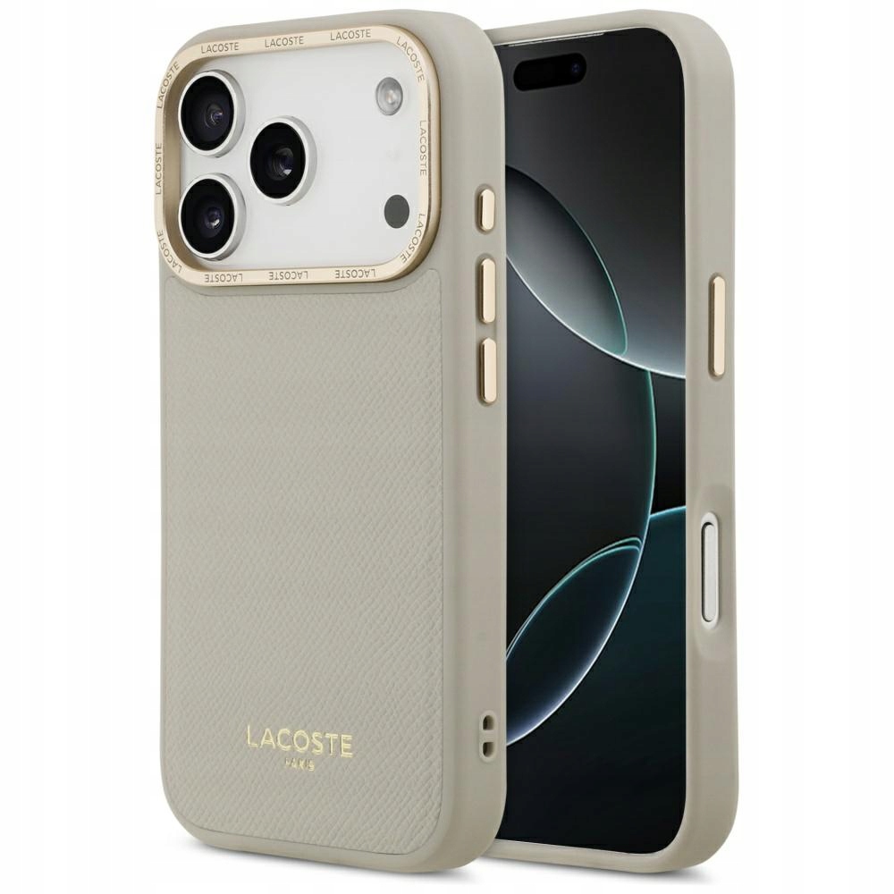Pouzdro Lacoste Champs Elysees Gold Logo MagSafe pro iPhone 17 Pro v šedohnědé barvě