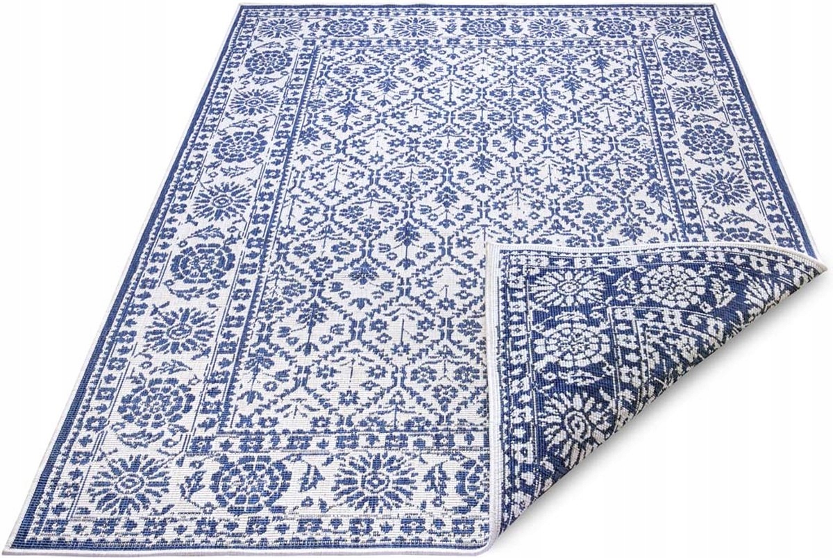 Koberec na terasu 160x230, modro krémový oboustranný plochý tkaný provázek