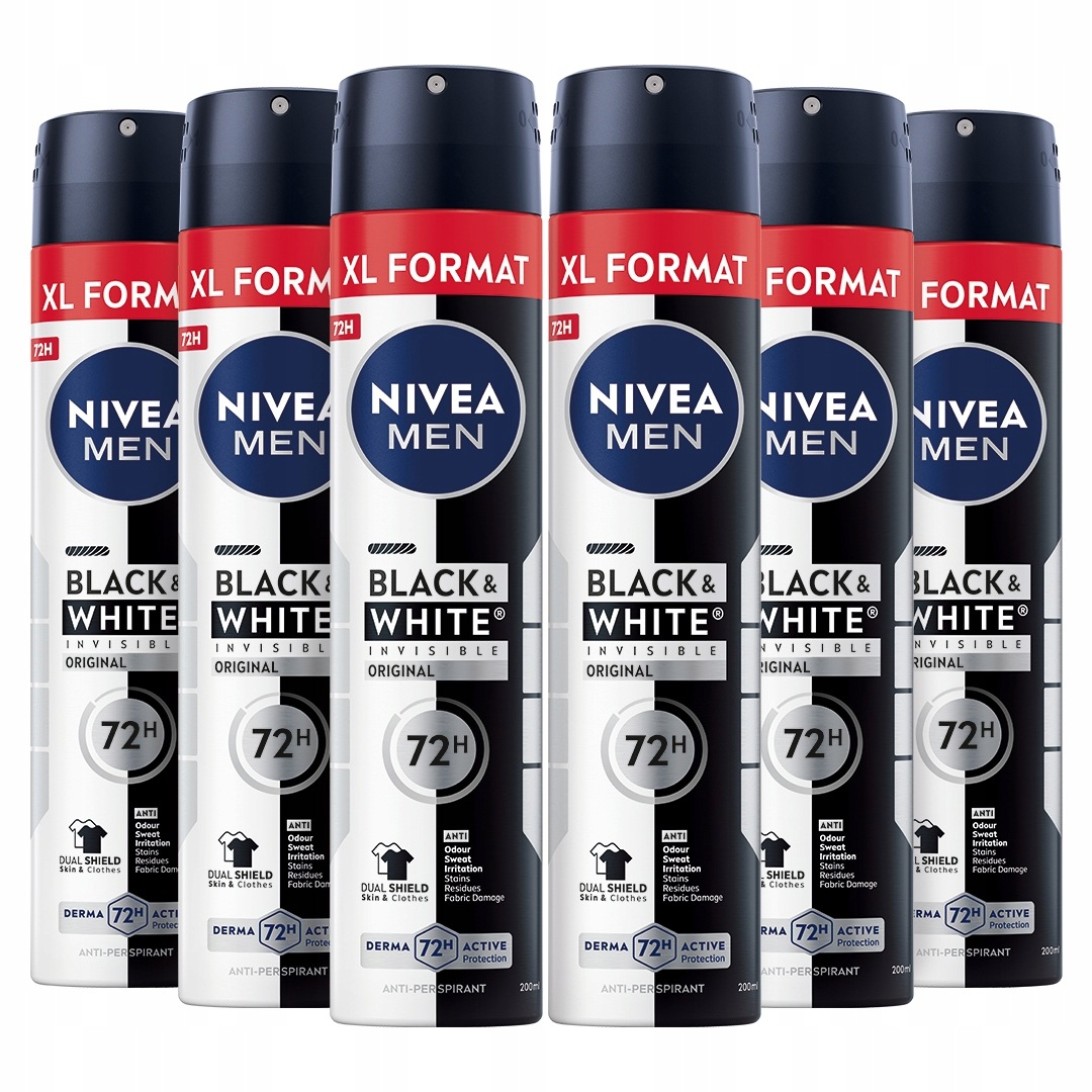 Nivea Men Black&White Zestaw Męskich Antyperspirantów w sprayu 72h 6x200ml