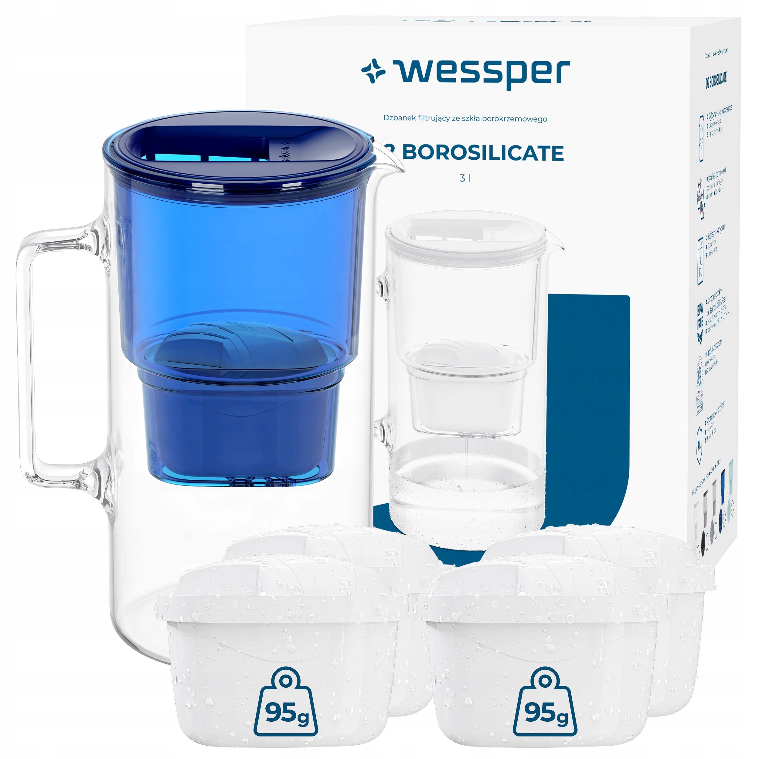Skleněná filtrační konvice Wessper D2 Borosilicate 3 l modrá 5x filtr