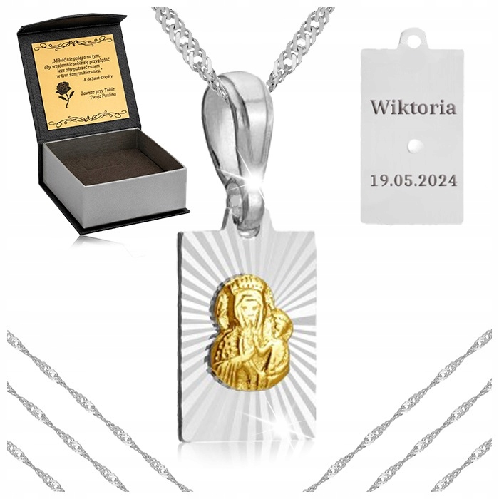Dámský Náhrdelník Lesklý Řetízek Medailon Panna Maria Čenstochovská 65CM