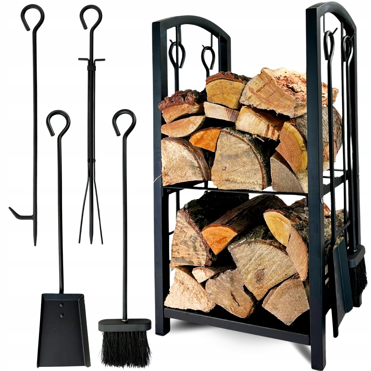 ZESTAW STOJAK NA DREWNO KOMINKOWE OPAŁOWE 74x40 CM + 4 NARZĘDZIA CZARNY
