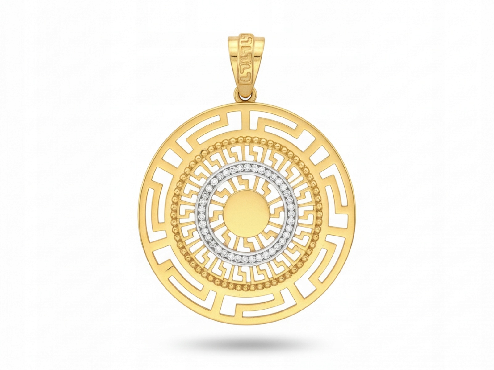 Přívěsek zlatý velký kulatý 585 s řeckým vzorem a zirkony 6.19g 14kt