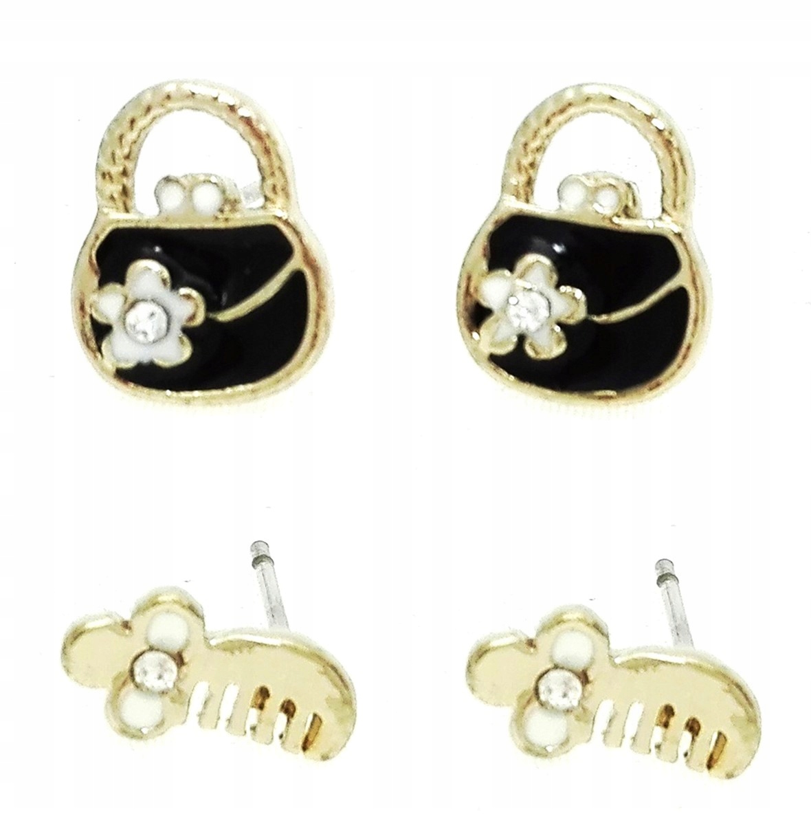 

Kolczyki złote torebka i grzebień zestaw 2 pary